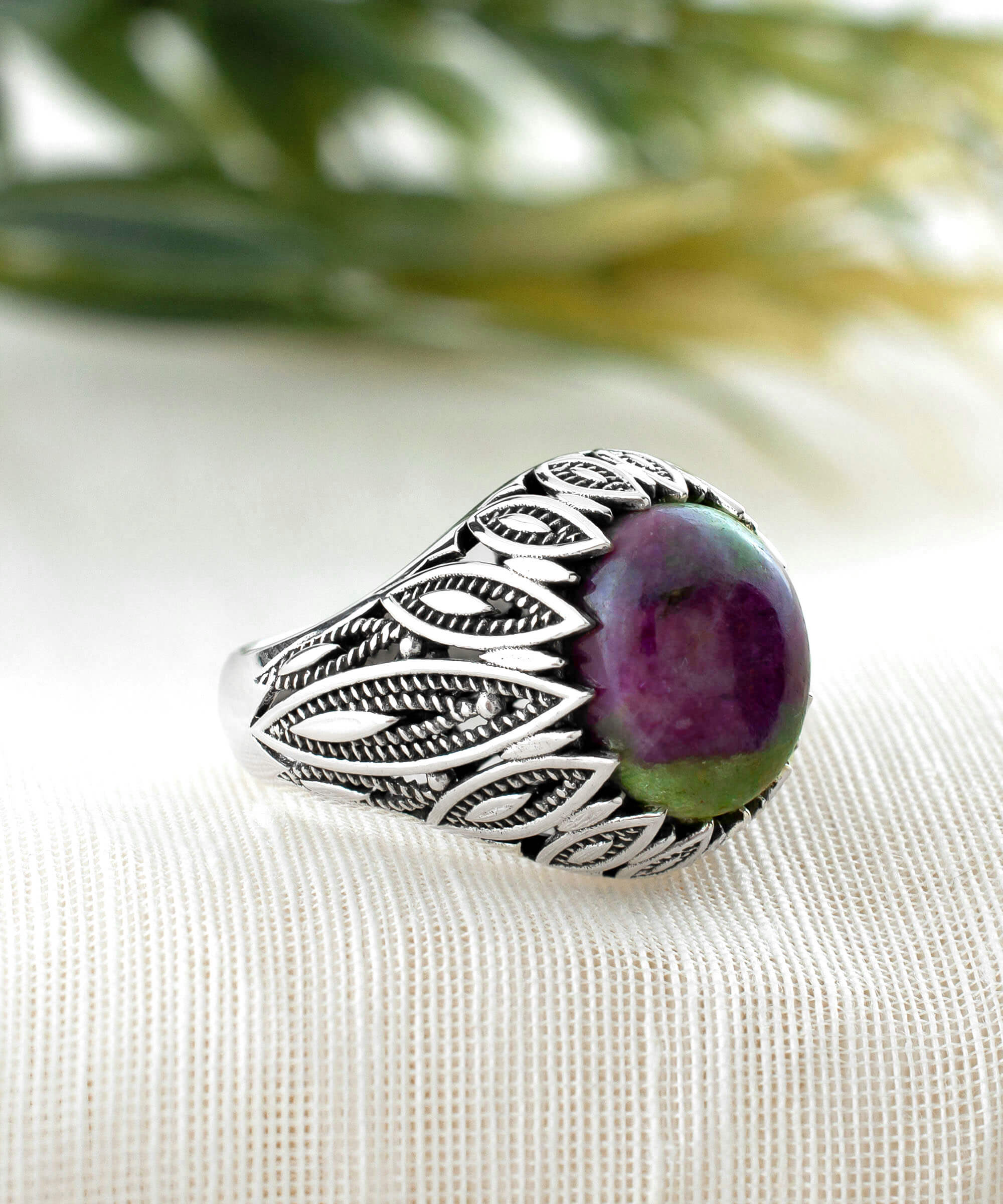 Filigree Art Ruby Zoisite Gemstone Women Silver Statement Ring