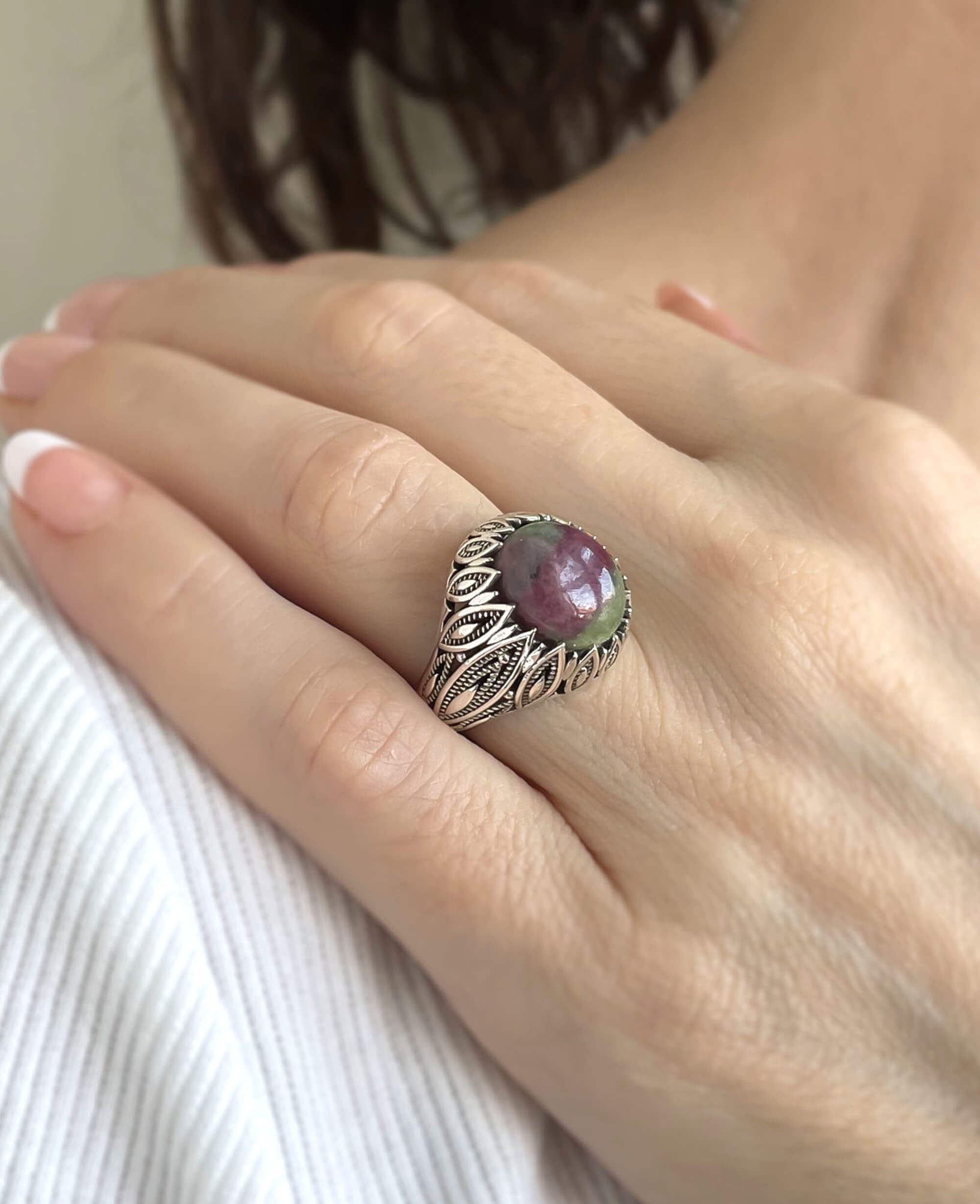 Filigree Art Ruby Zoisite Gemstone Women Silver Statement Ring