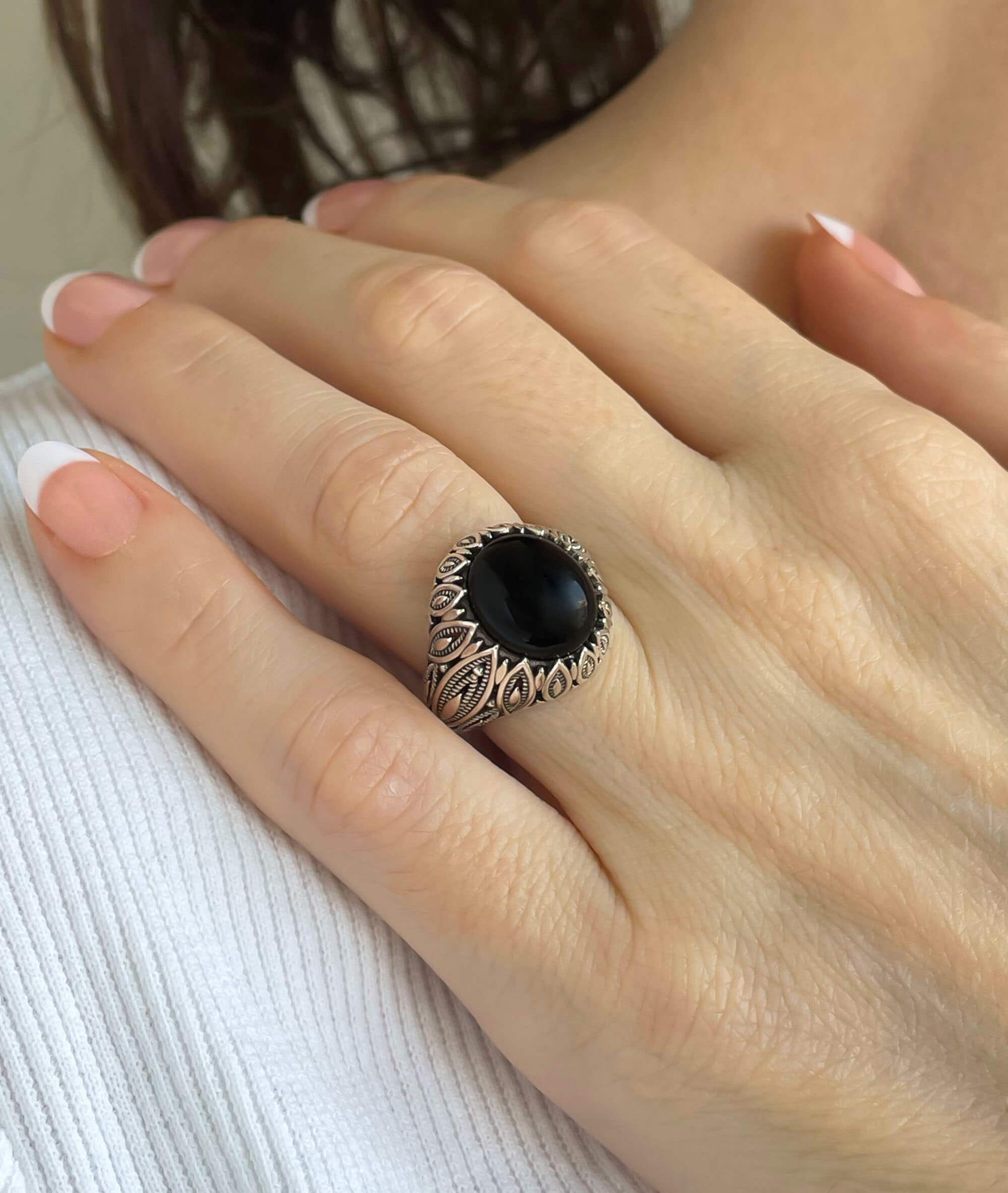 Filigree Art Black Onyx Gemstone Women Silver Statement Ring