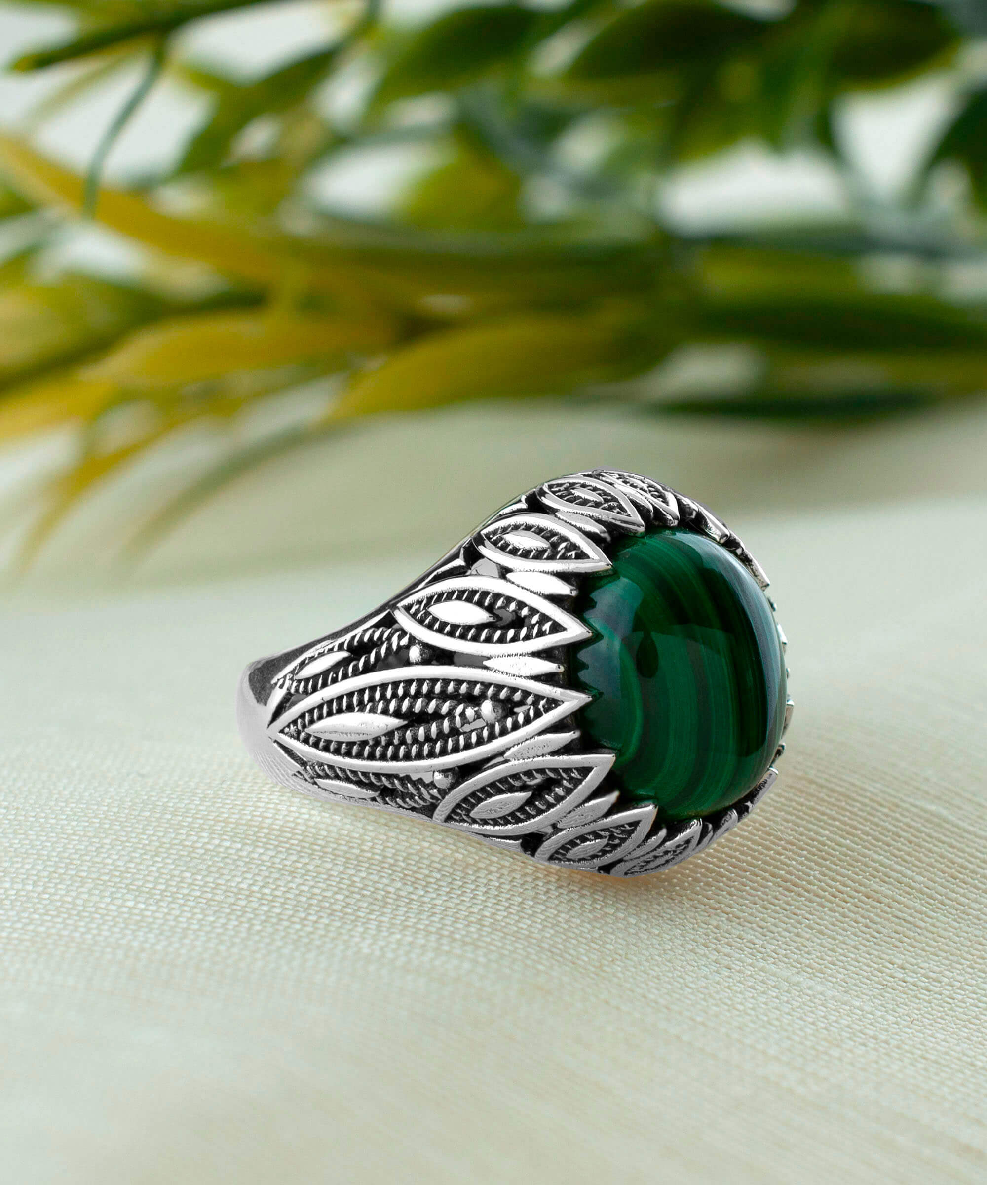 Filigree Art Malachite Gemstone Women Silver Statement Ring