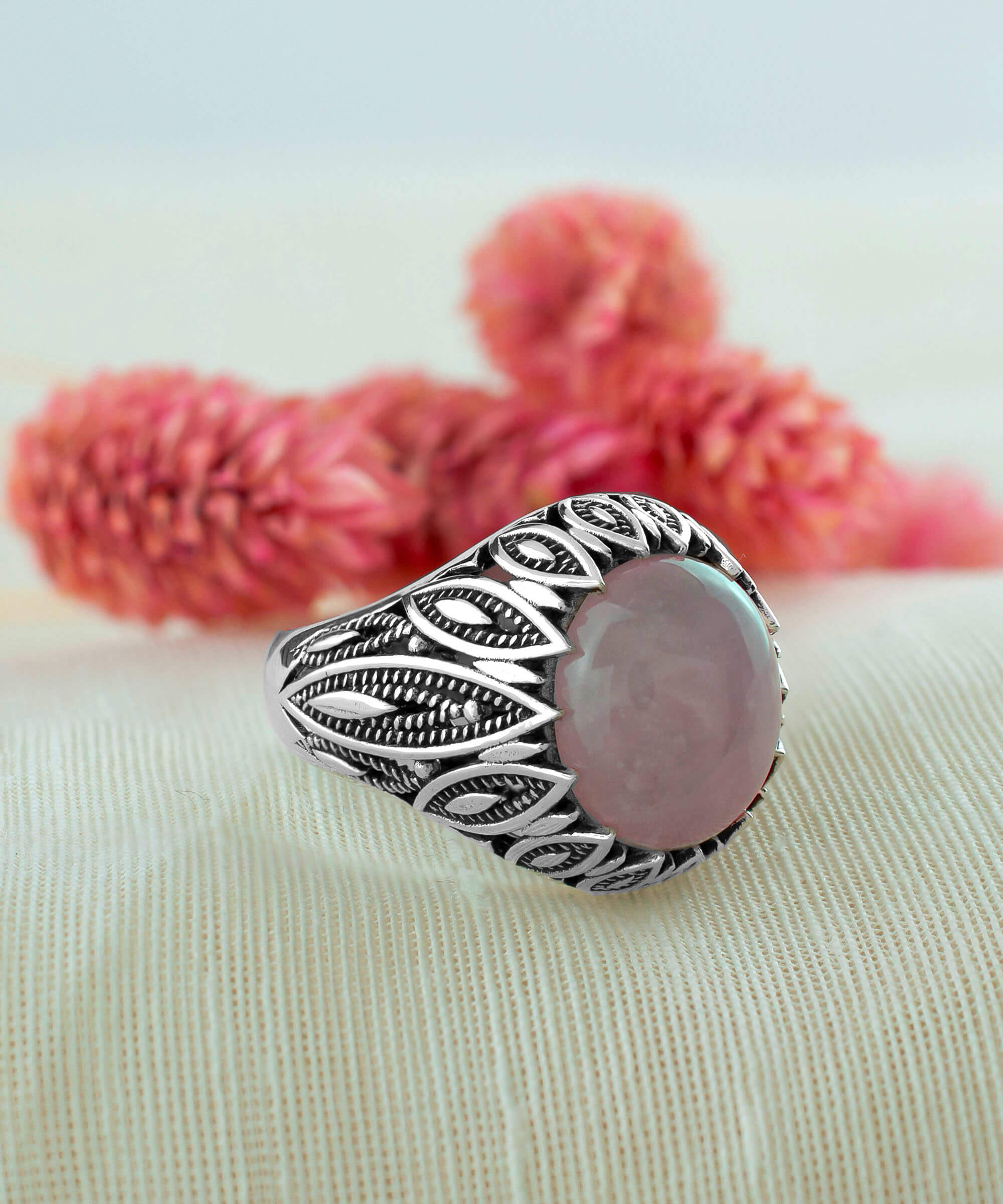 Filigree Art Rose Quartz Gemstone Women Silver Statement Ring