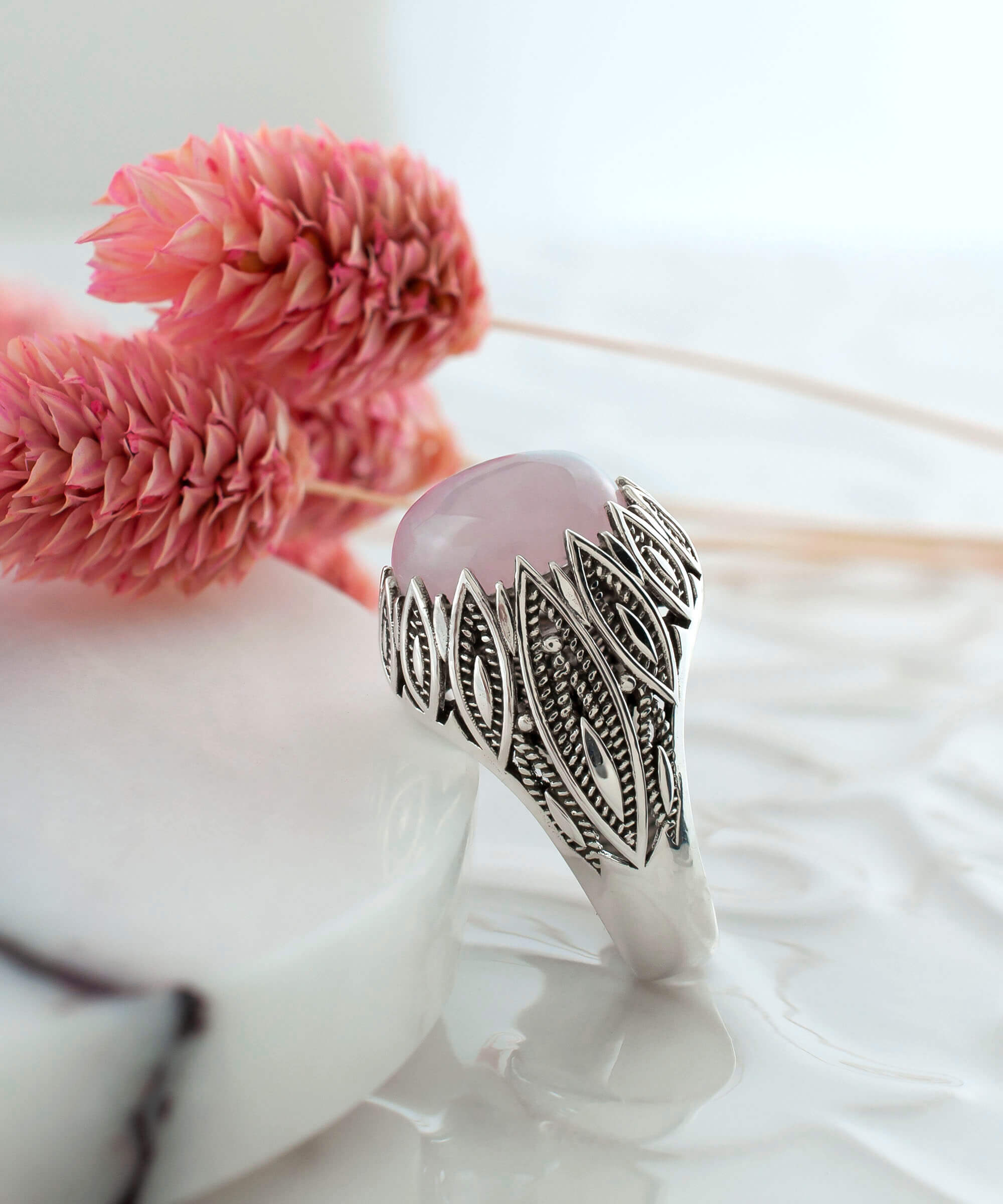 Filigree Art Rose Quartz Gemstone Women Silver Statement Ring