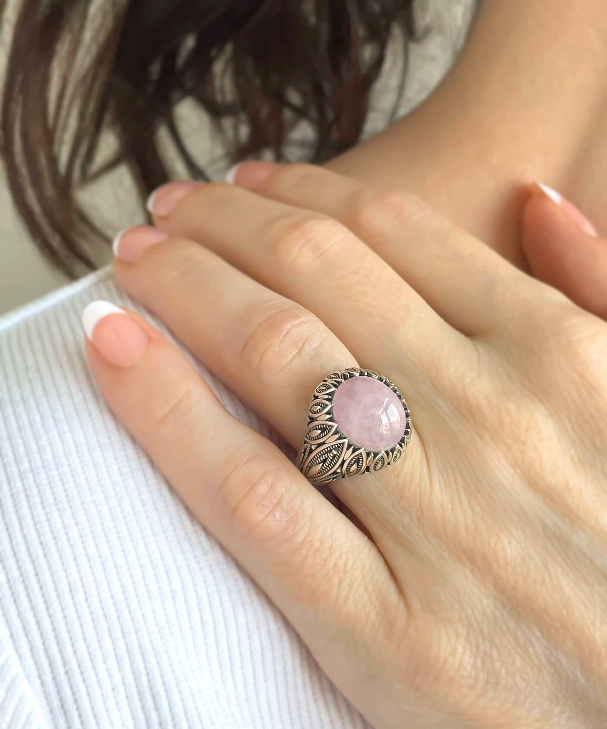 Filigree Art Rose Quartz Gemstone Women Silver Statement Ring