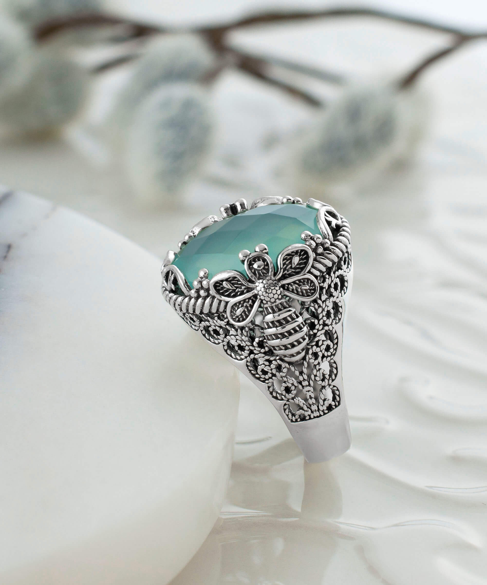 Filigree Art Bee Detailed Aqua Chalcedony Gemstone Women Silver