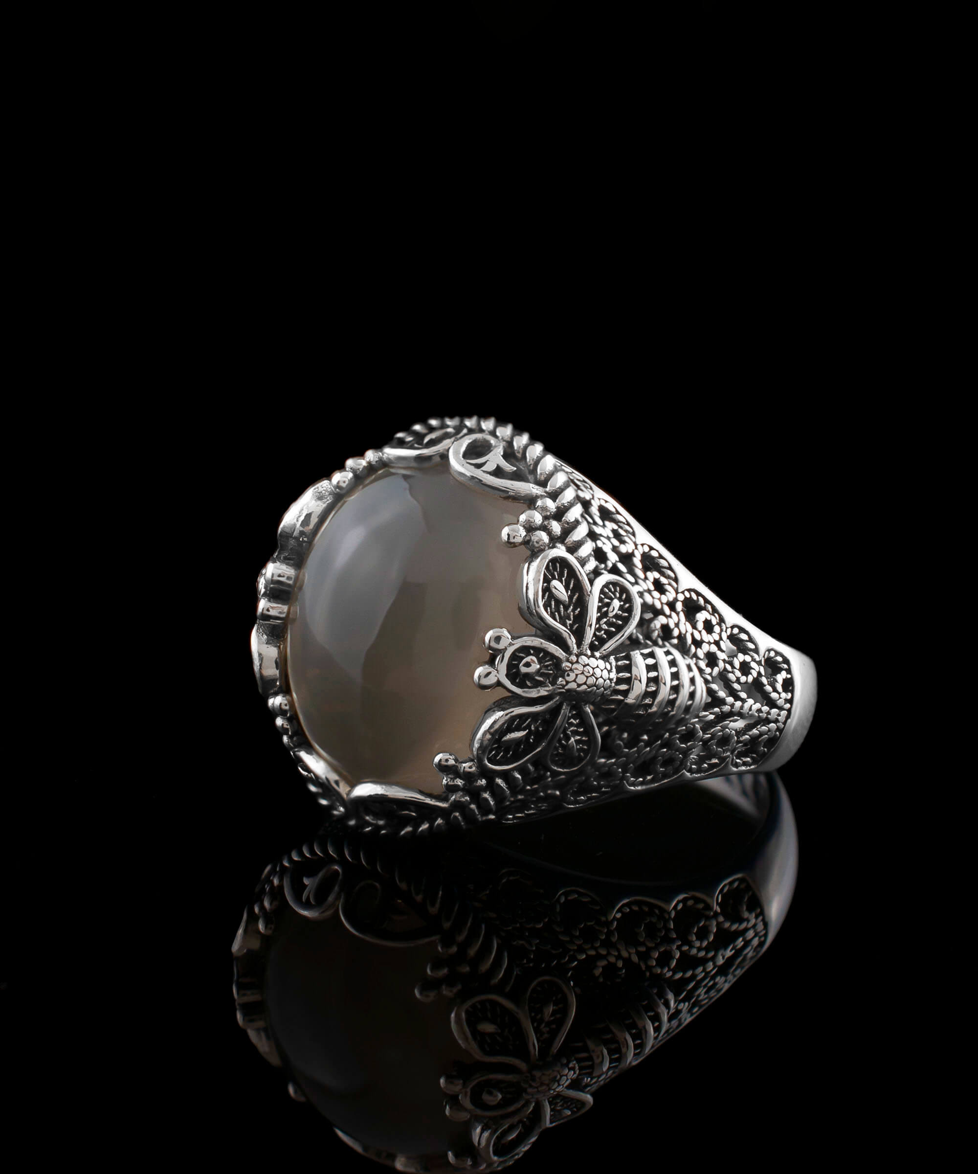 Filigree Art Bee Detailed Gray Moonstone Gemstone Women Silver