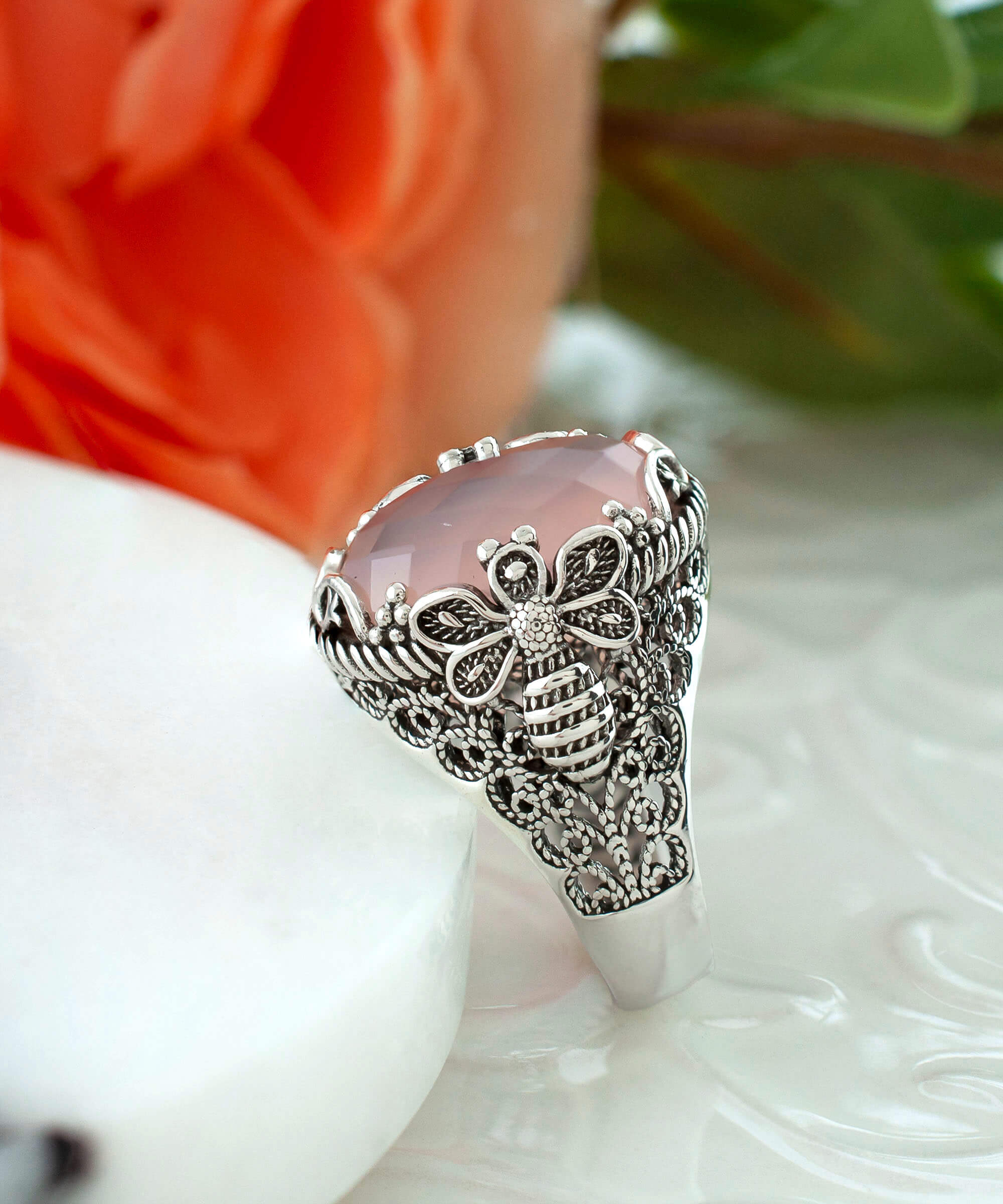 Filigree Art Bee Detailed Pink Chalcedony Gemstone Women Silver