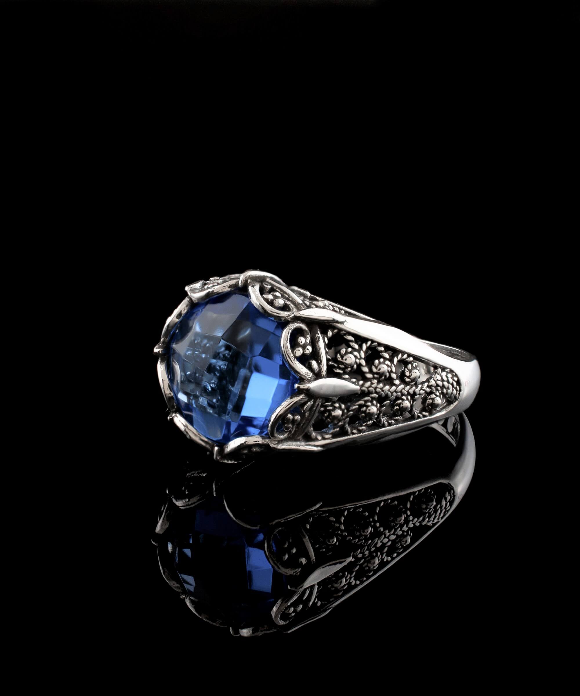 Filigree Art Blue Quartz Gemstone Women Silver Cocktail Ring