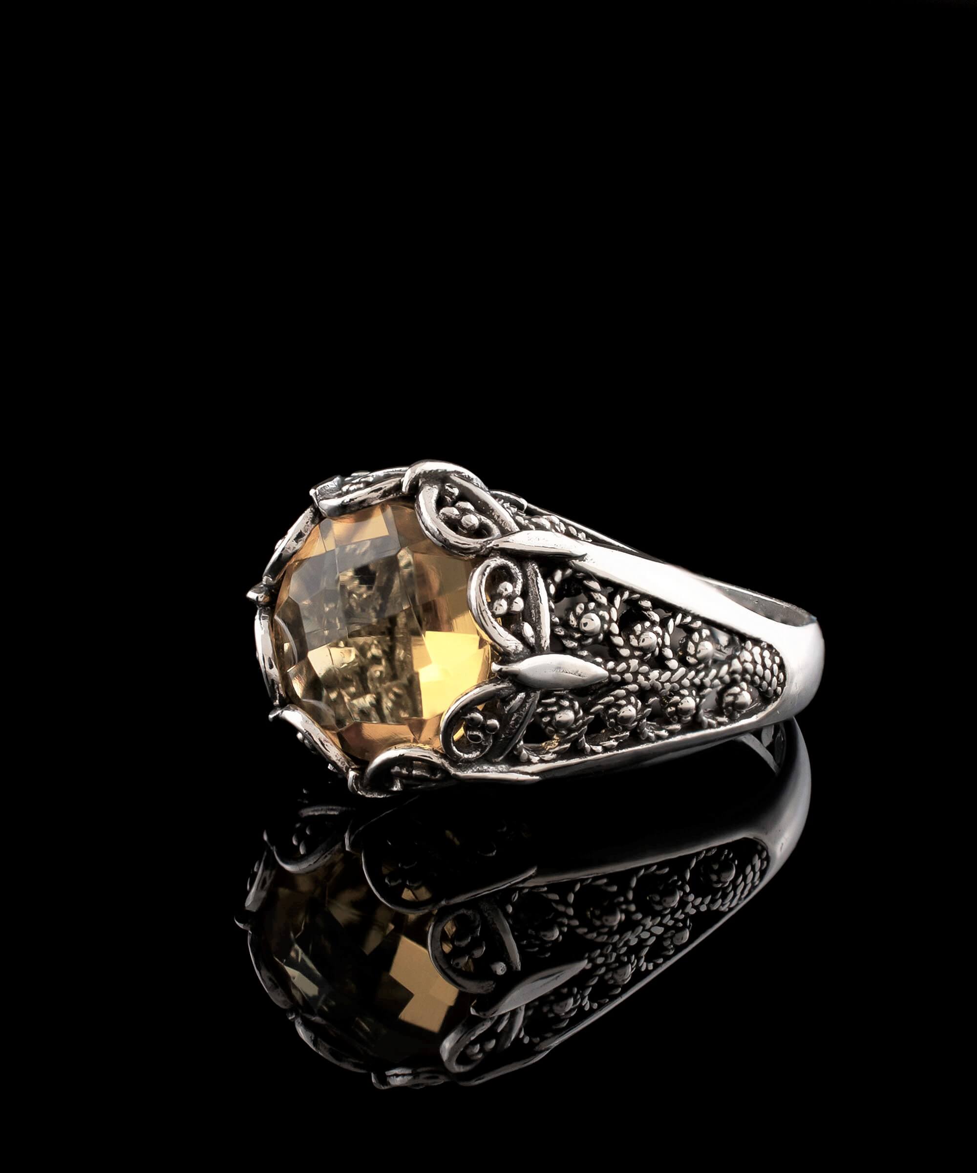 Filigree Art Citrine Gemstone Women Silver Cocktail Ring