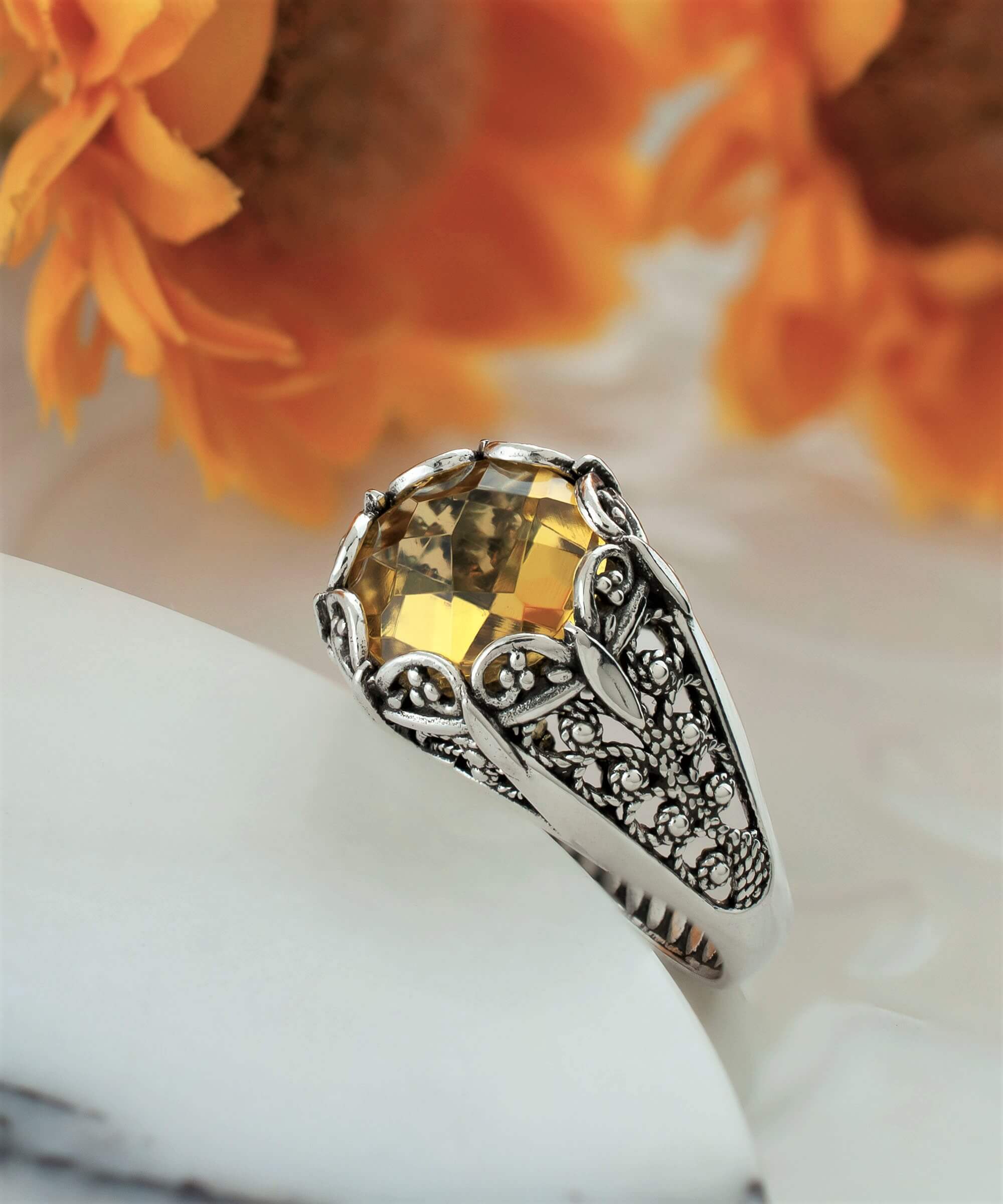 Filigree Art Citrine Gemstone Women Silver Cocktail Ring