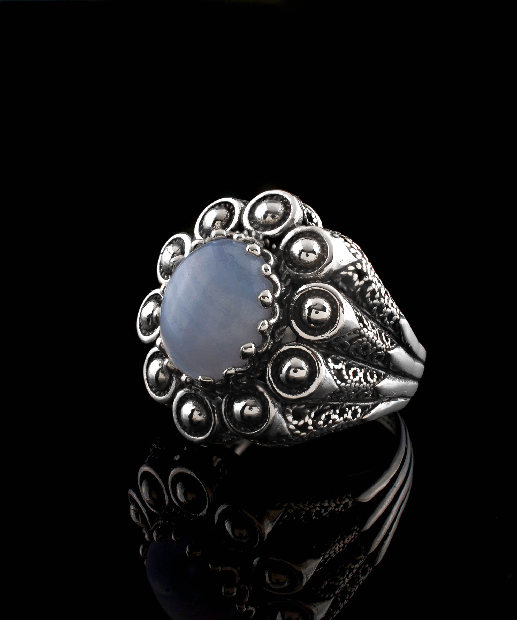 Filigree Art Blue Lace Agate Gemstone Women Statement Dome Ring