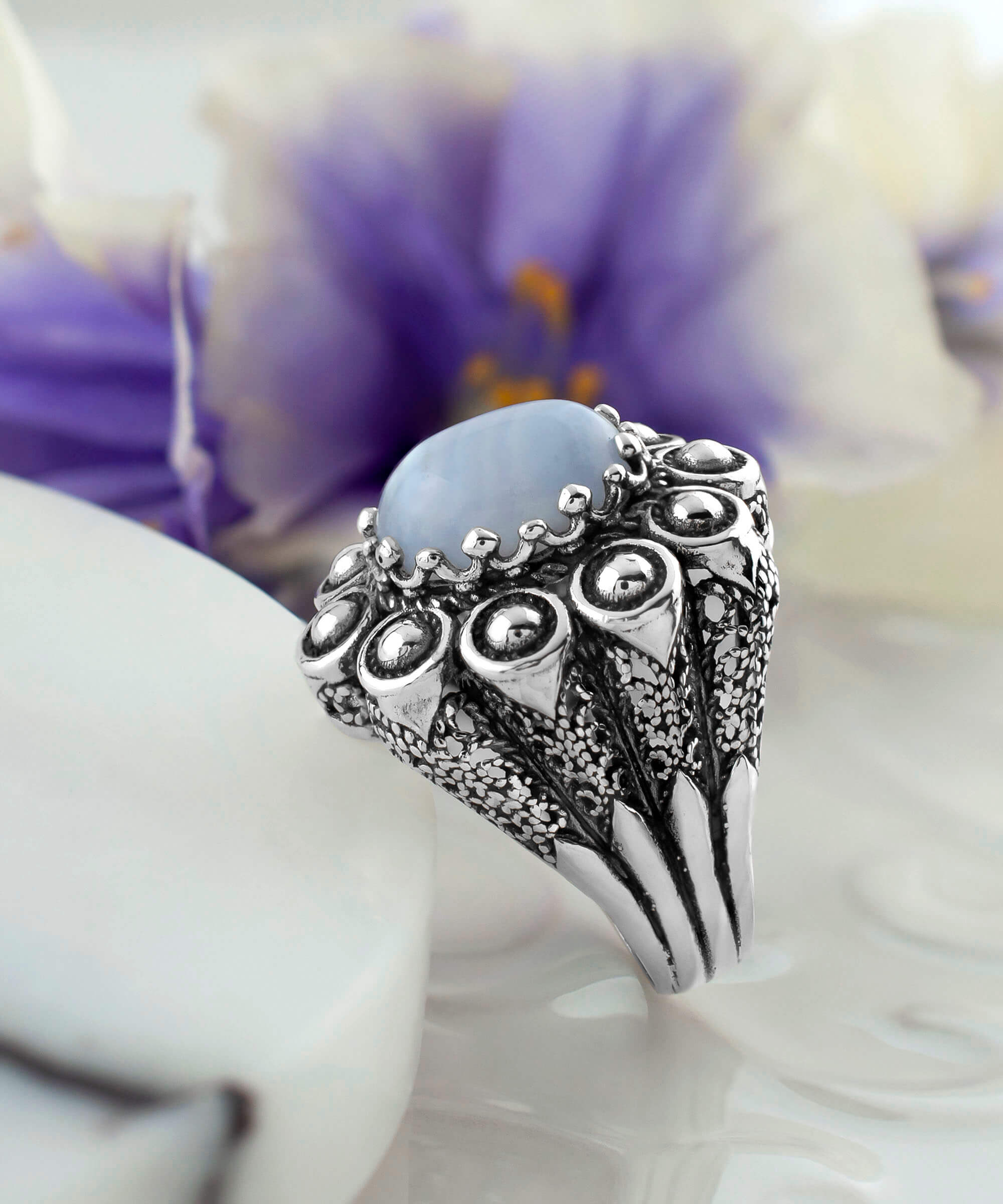 Filigree Art Blue Lace Agate Gemstone Women Statement Dome Ring