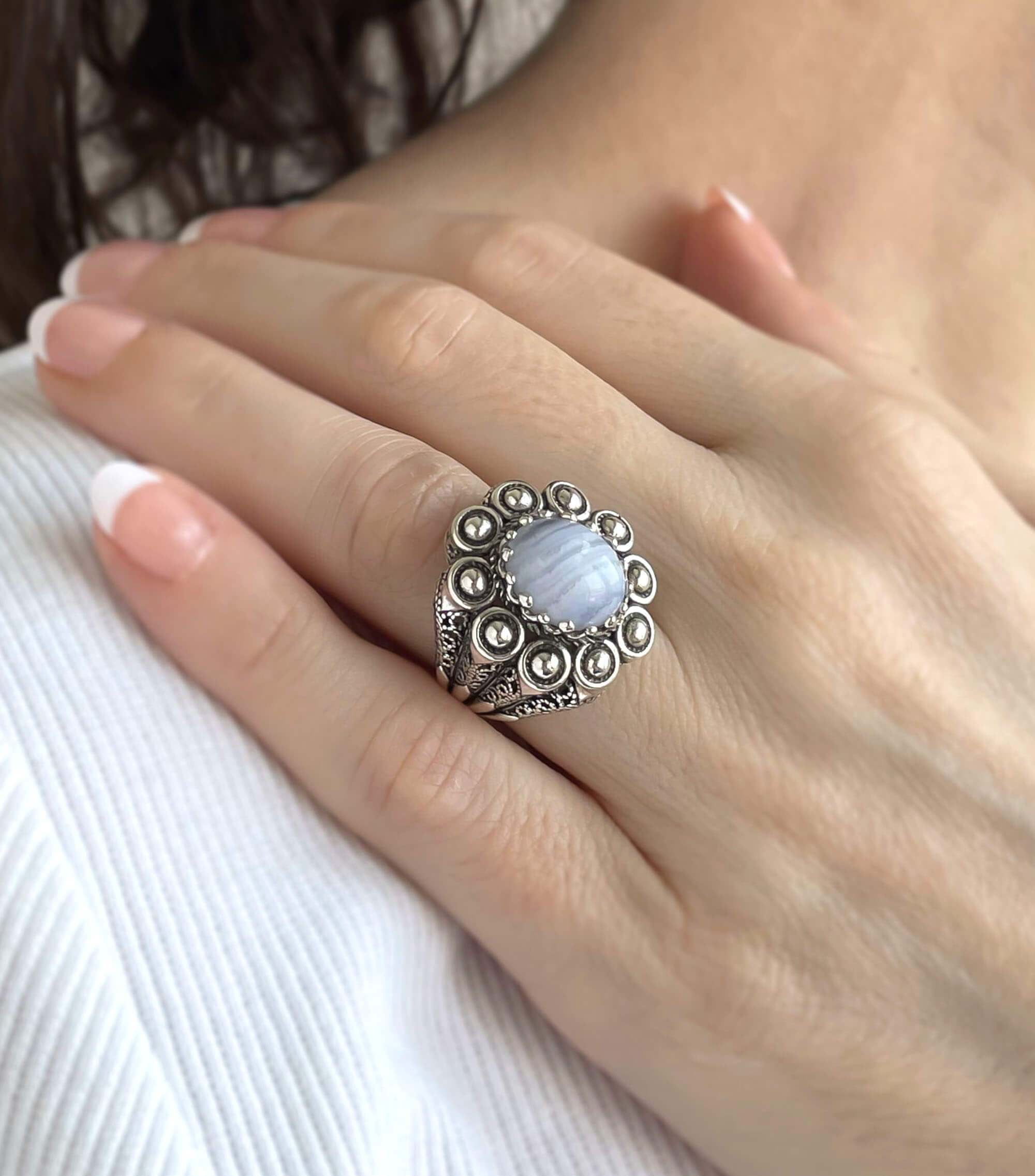 Filigree Art Blue Lace Agate Gemstone Women Statement Dome Ring