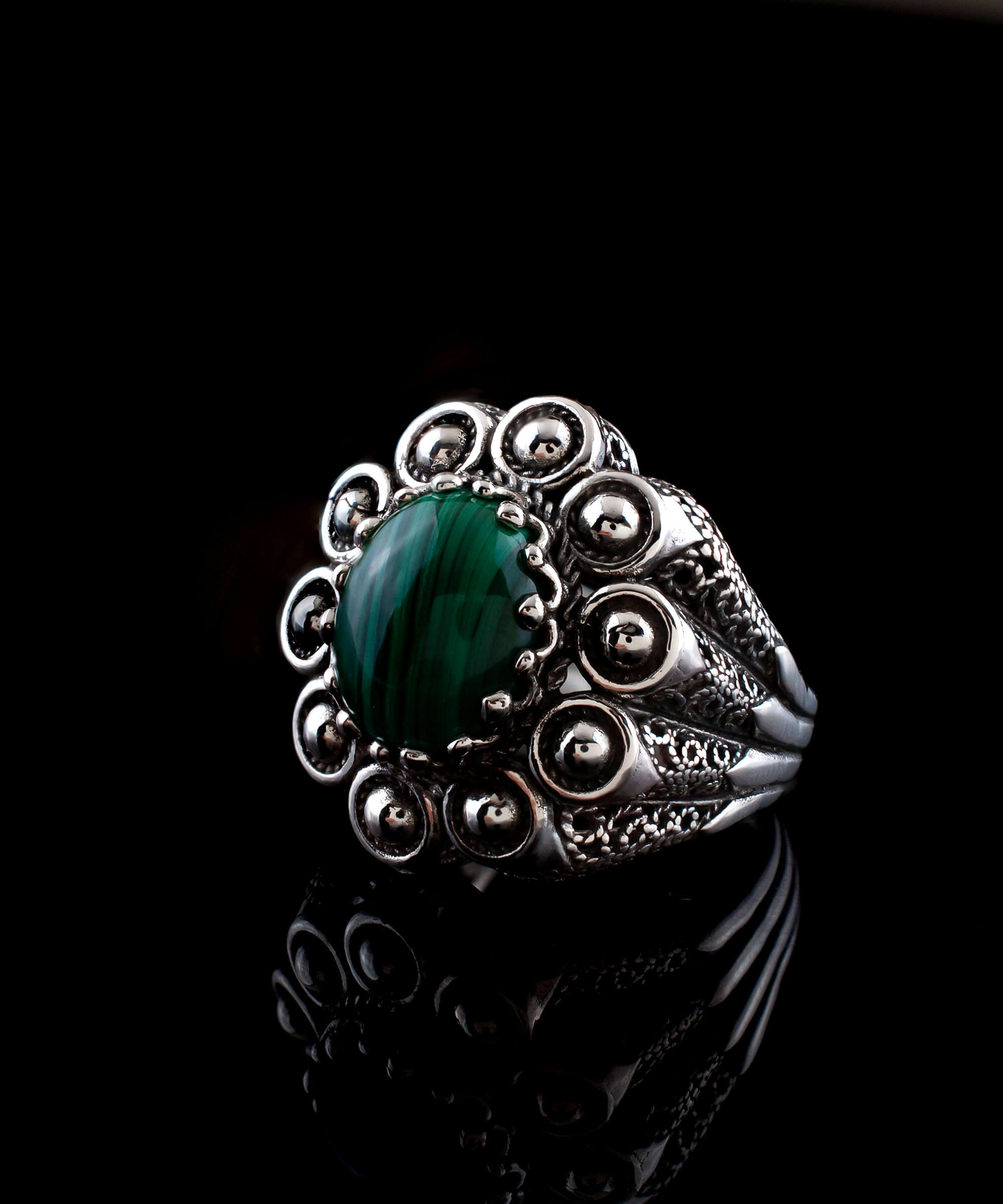 Filigree Art Malachite Gemstone Women Statement Dome Ring