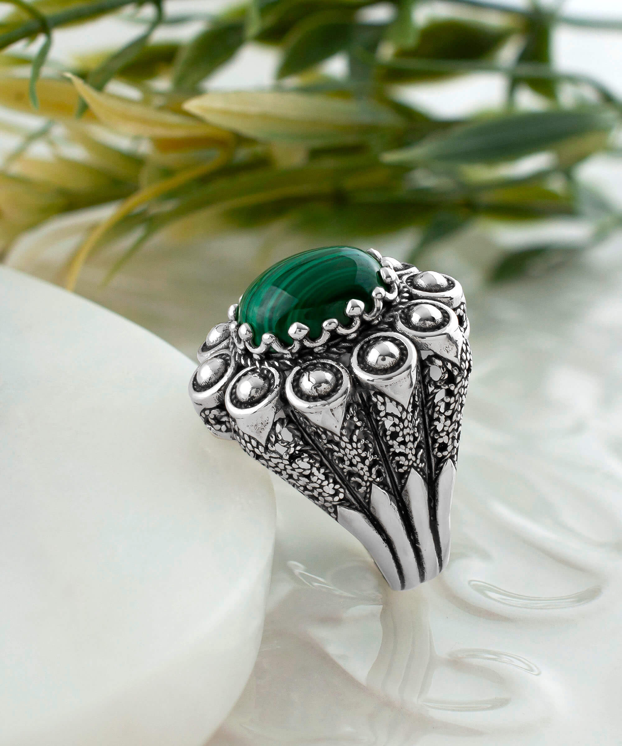 Filigree Art Malachite Gemstone Women Statement Dome Ring