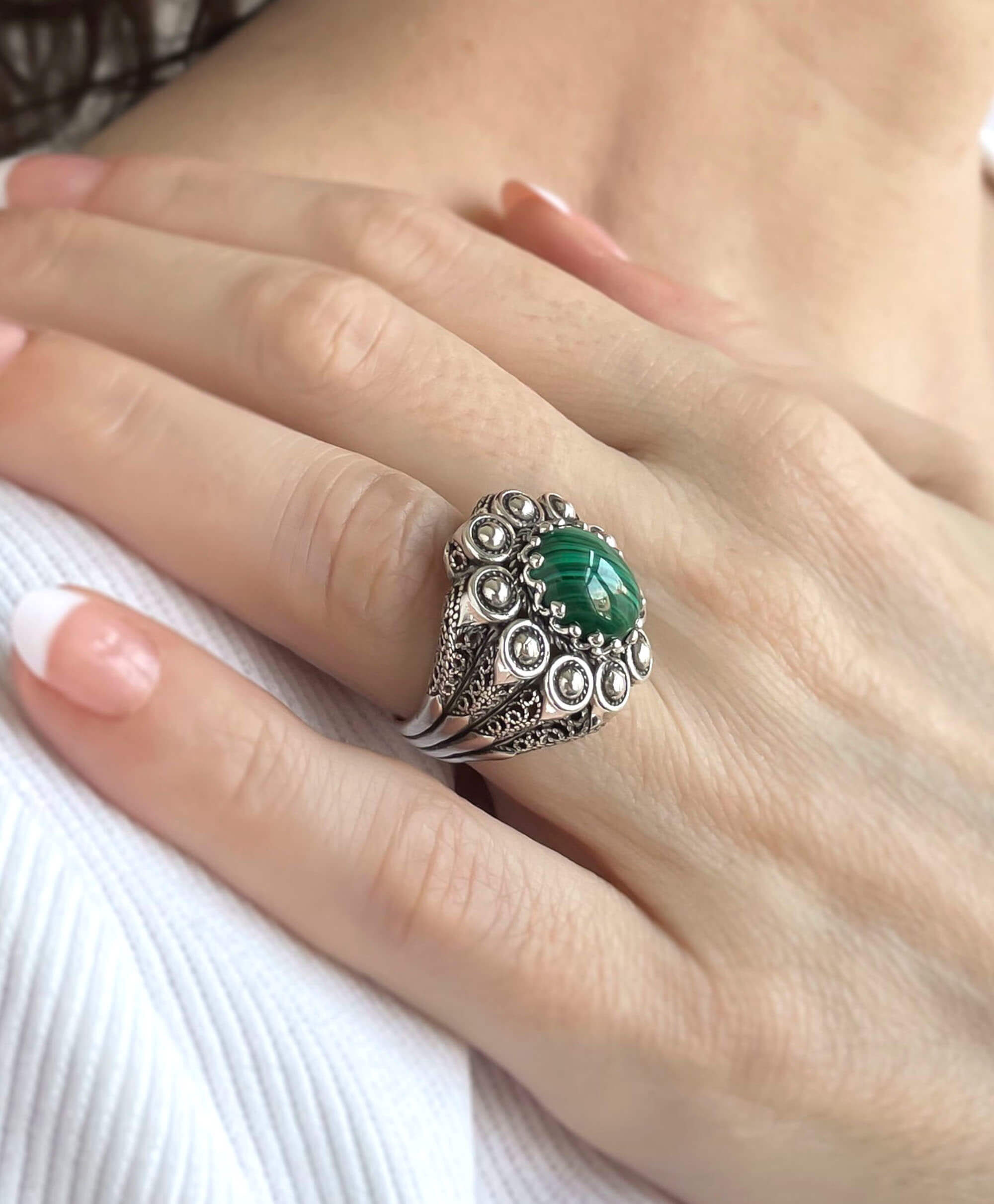 Filigree Art Malachite Gemstone Women Statement Dome Ring