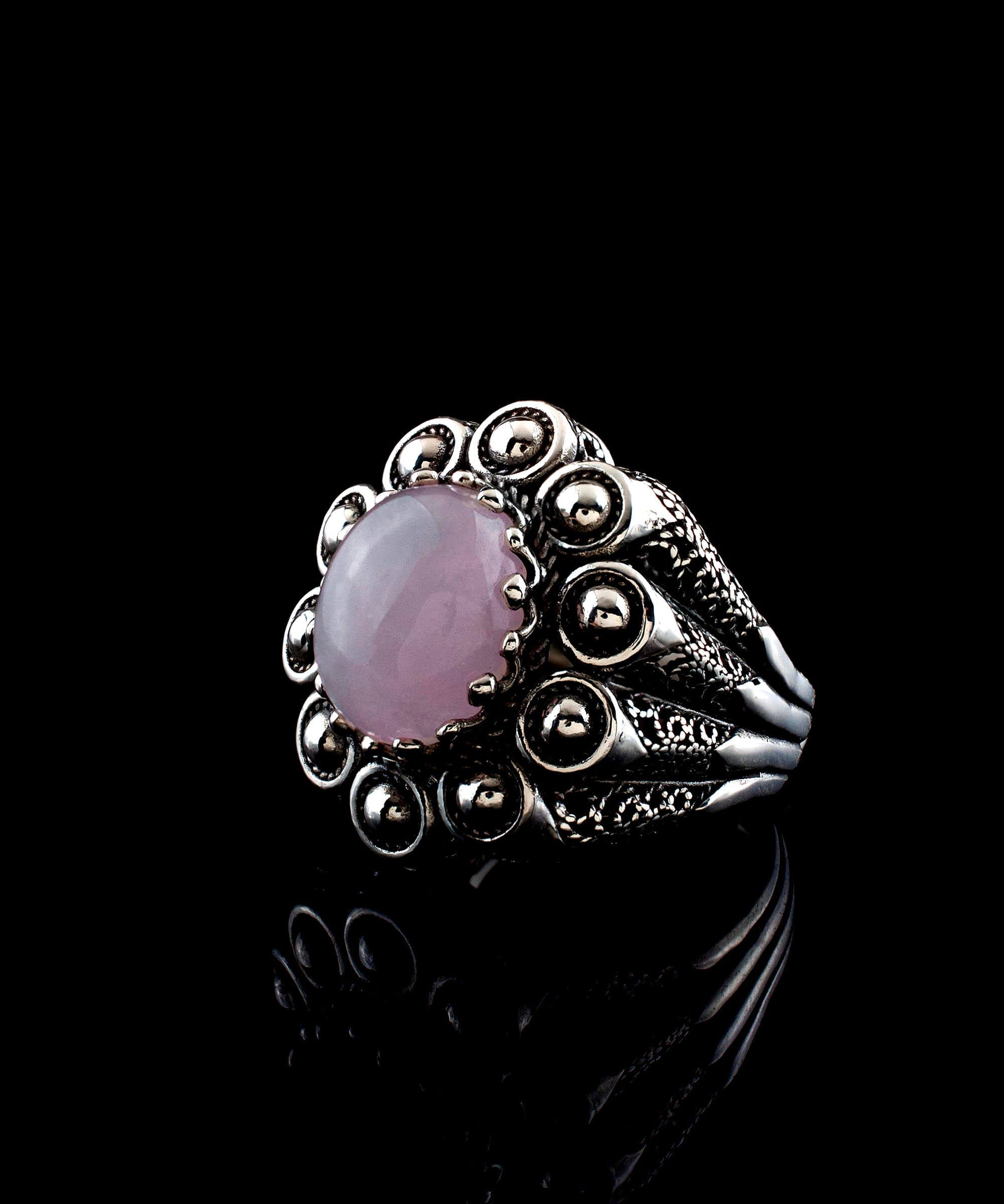 Filigree Art Rose Quartz Gemstone Women Statement Dome Ring