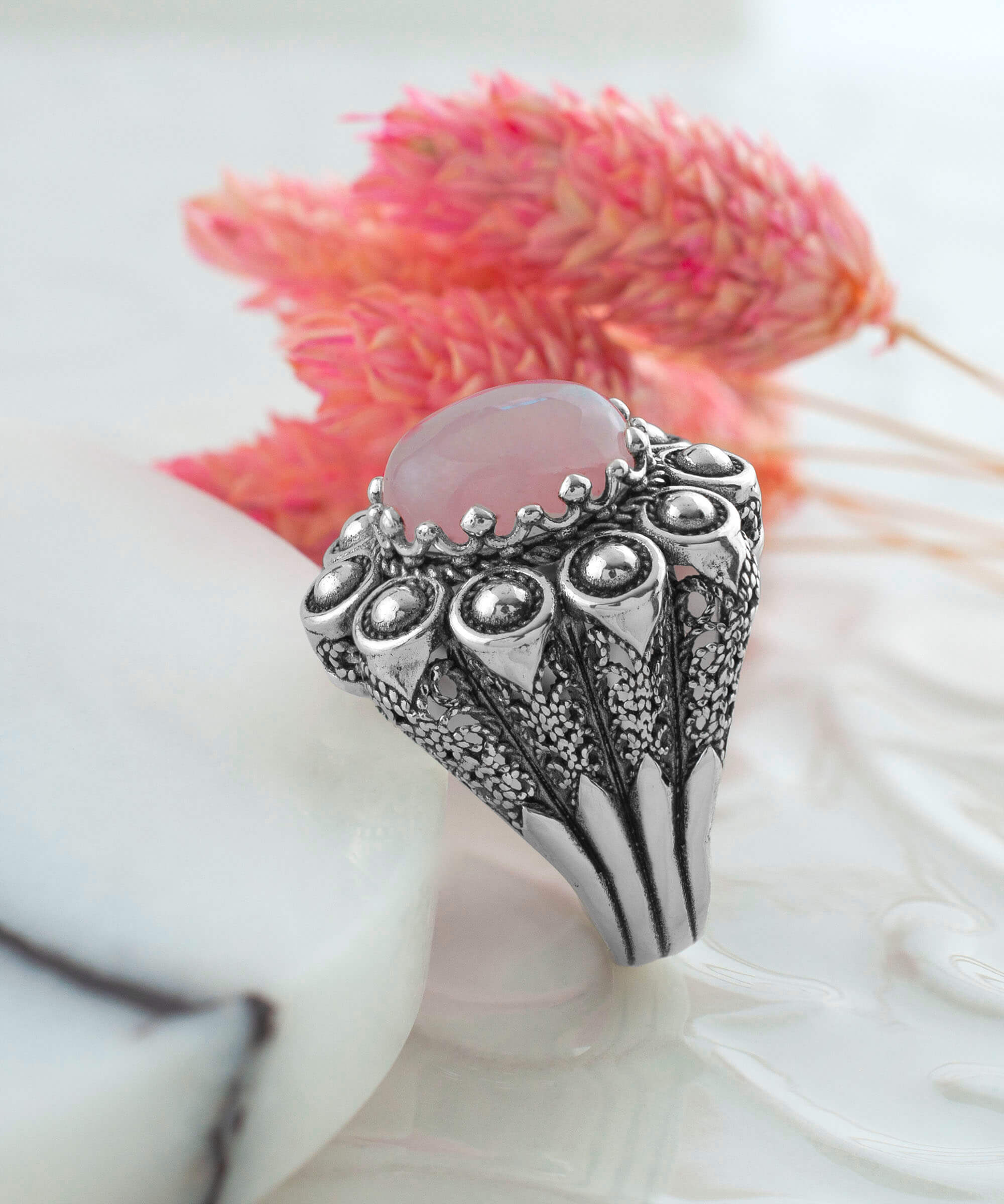 Filigree Art Rose Quartz Gemstone Women Statement Dome Ring