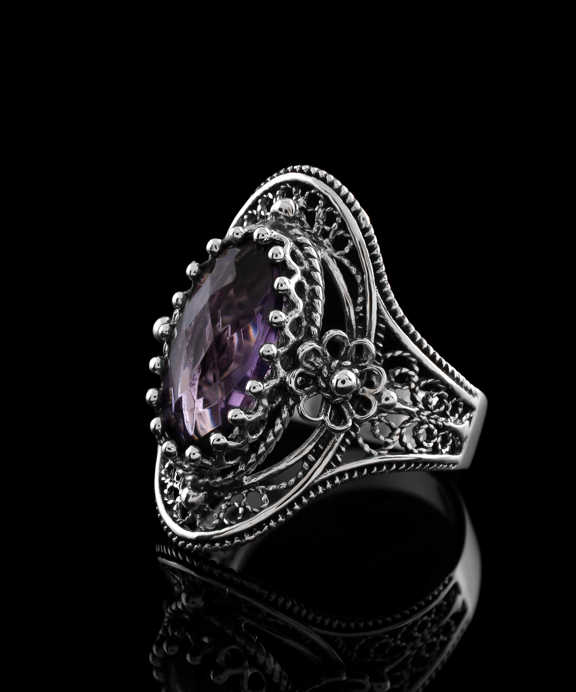 Filigree Art Sterling Silver Women Oval Statement Ring with February