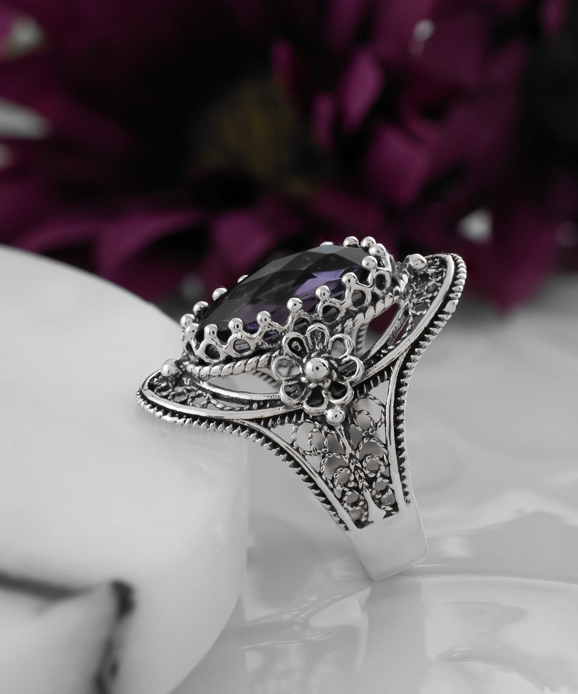 Filigree Art Sterling Silver Women Oval Statement Ring with February