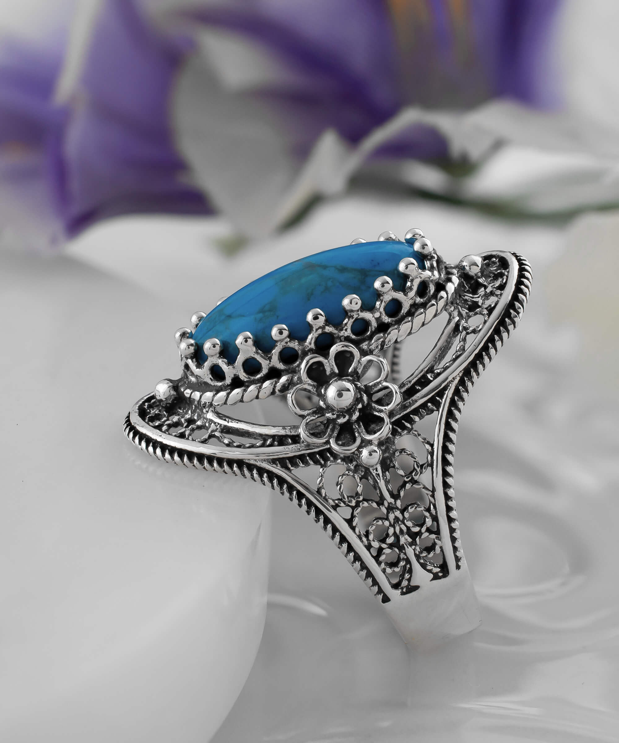 Turquoise Gemstone Sterling Silver Filigree Art Women Oval Statement