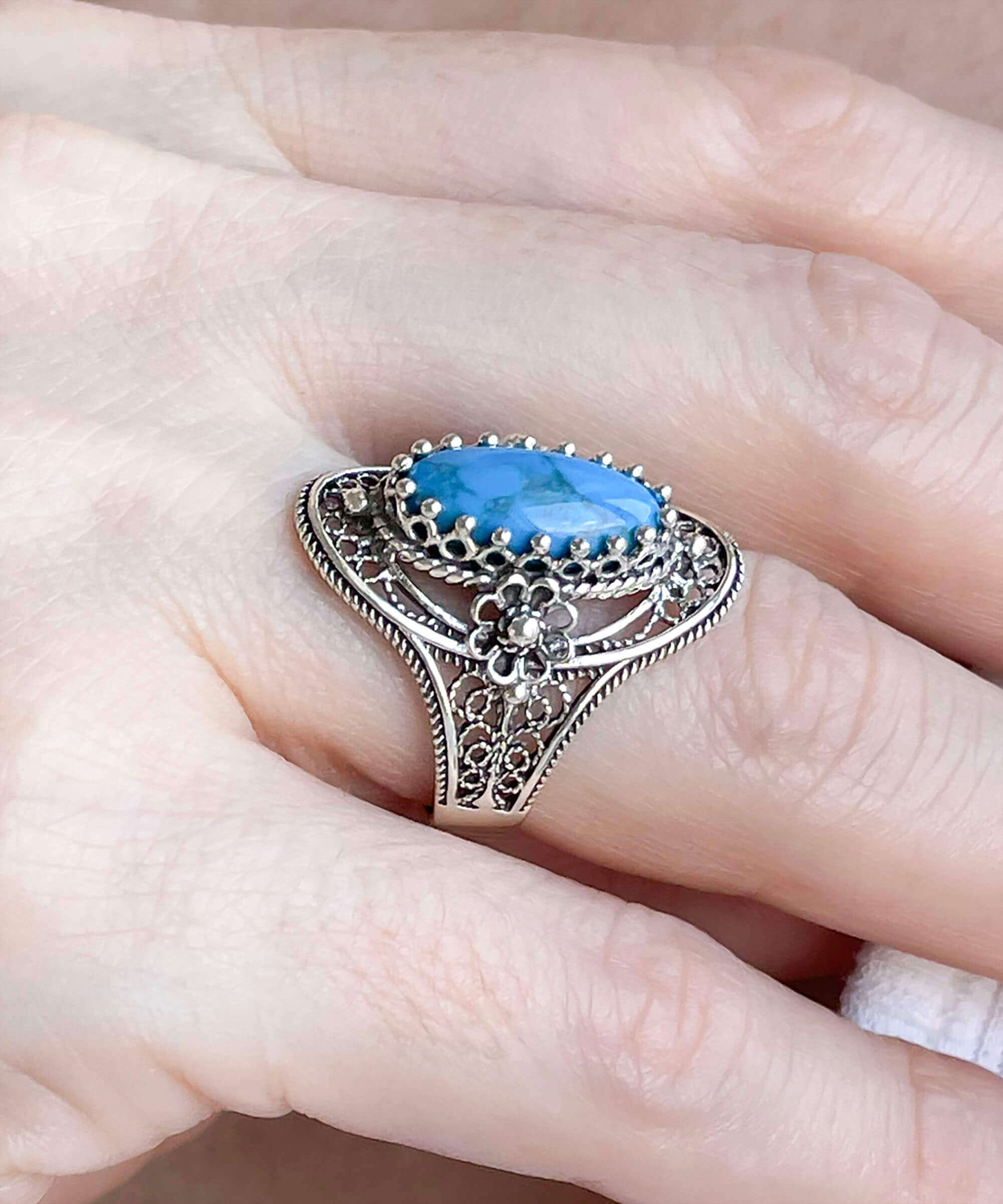 Turquoise Gemstone Sterling Silver Filigree Art Women Oval Statement