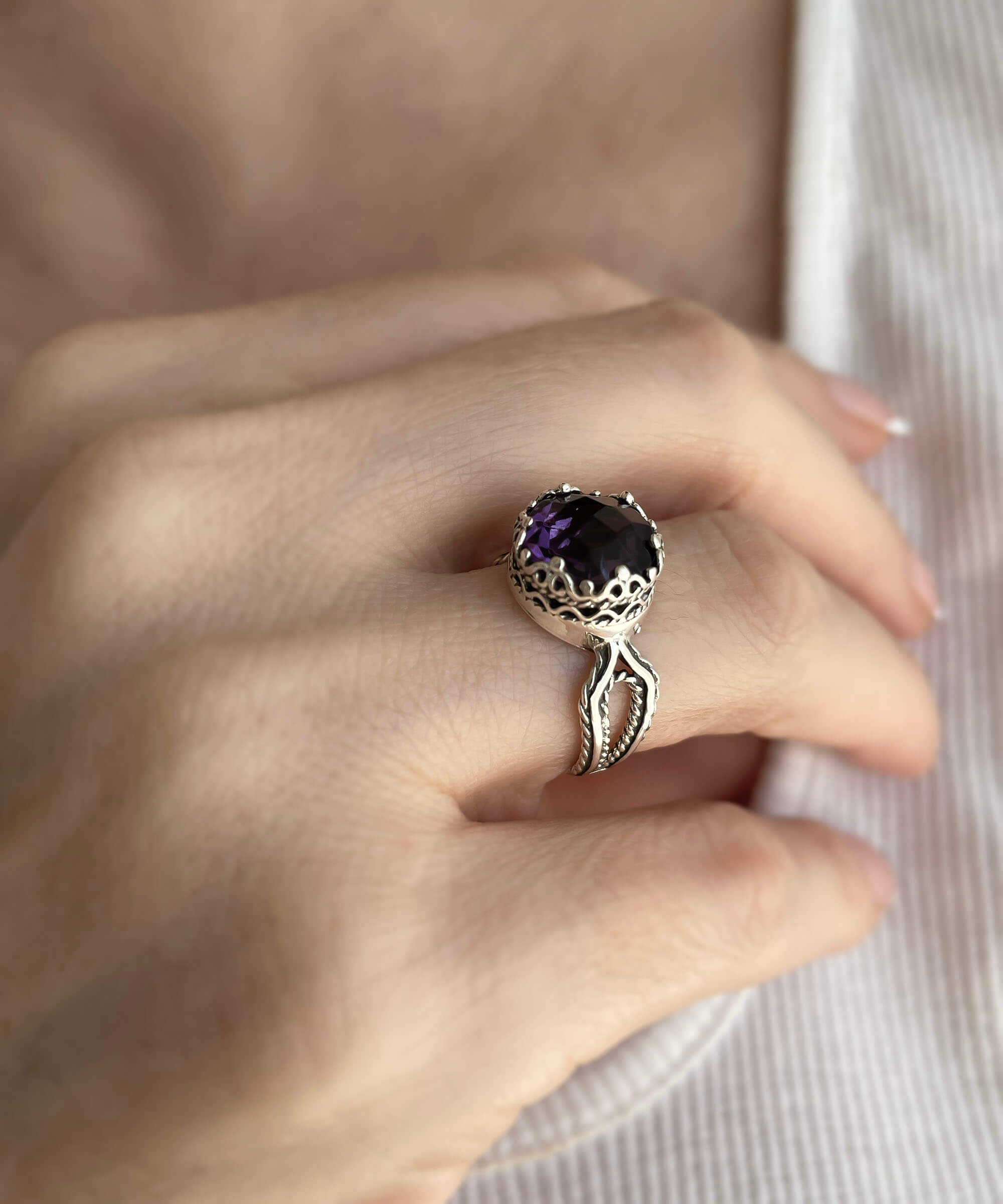 Amethyst Gemstone Women Sterling Silver Cocktail Ring