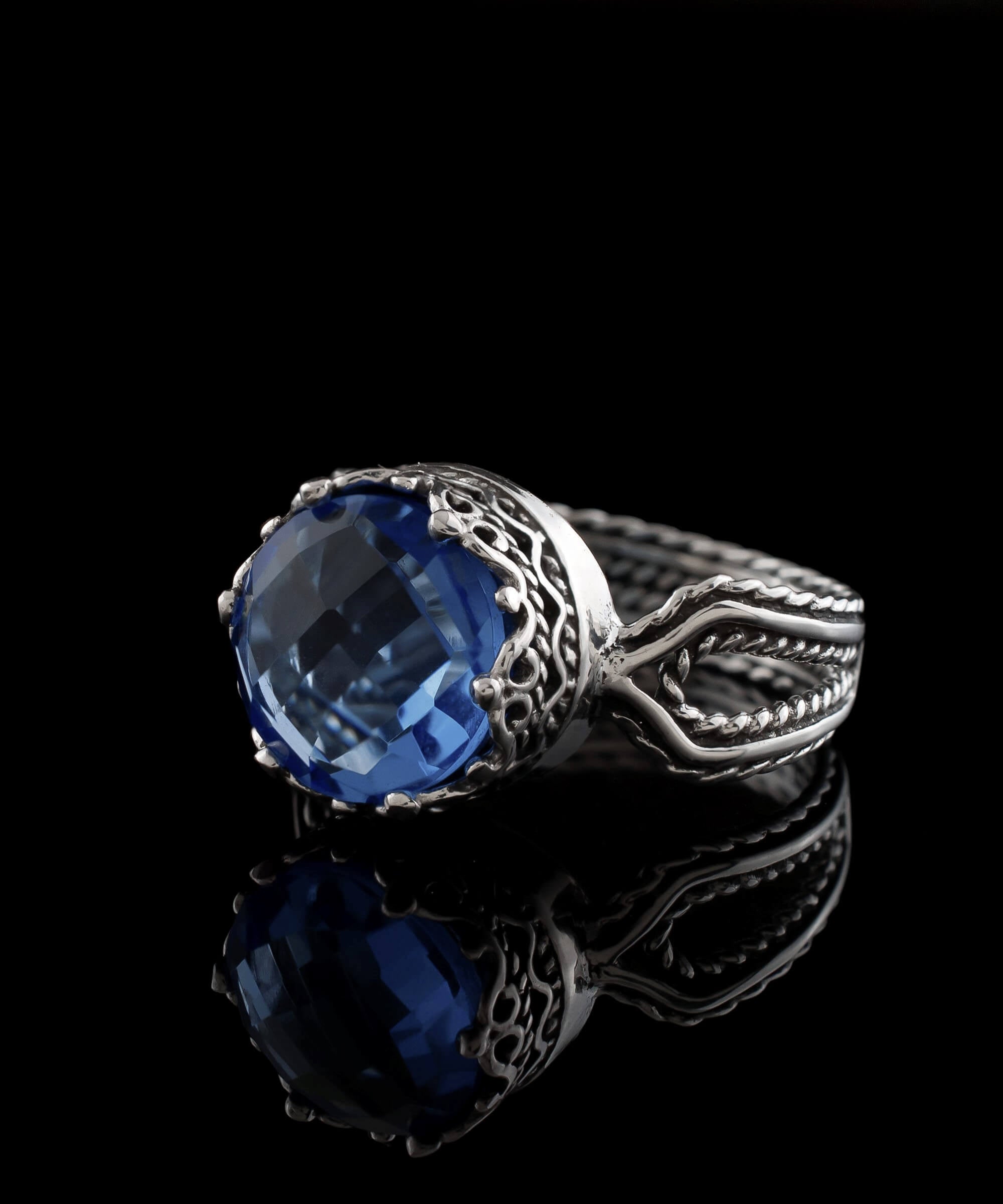 Blue Quartz Gemstone Filigree Art Women Sterling Silver Cocktail Ring