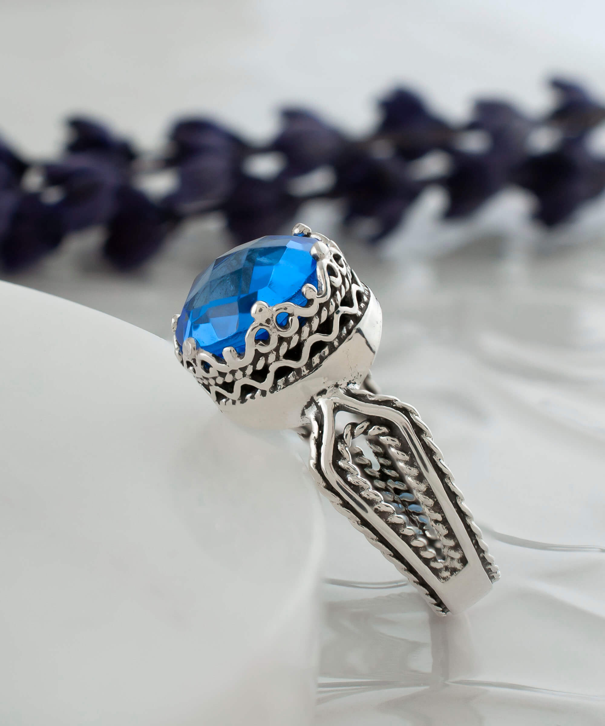 Blue Quartz Gemstone Filigree Art Women Sterling Silver Cocktail Ring