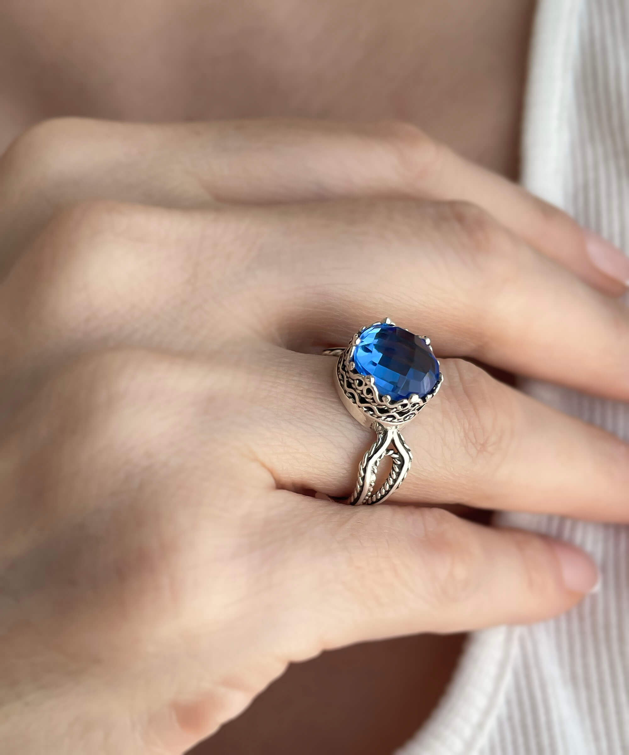 Blue Quartz Gemstone Filigree Art Women Sterling Silver Cocktail Ring