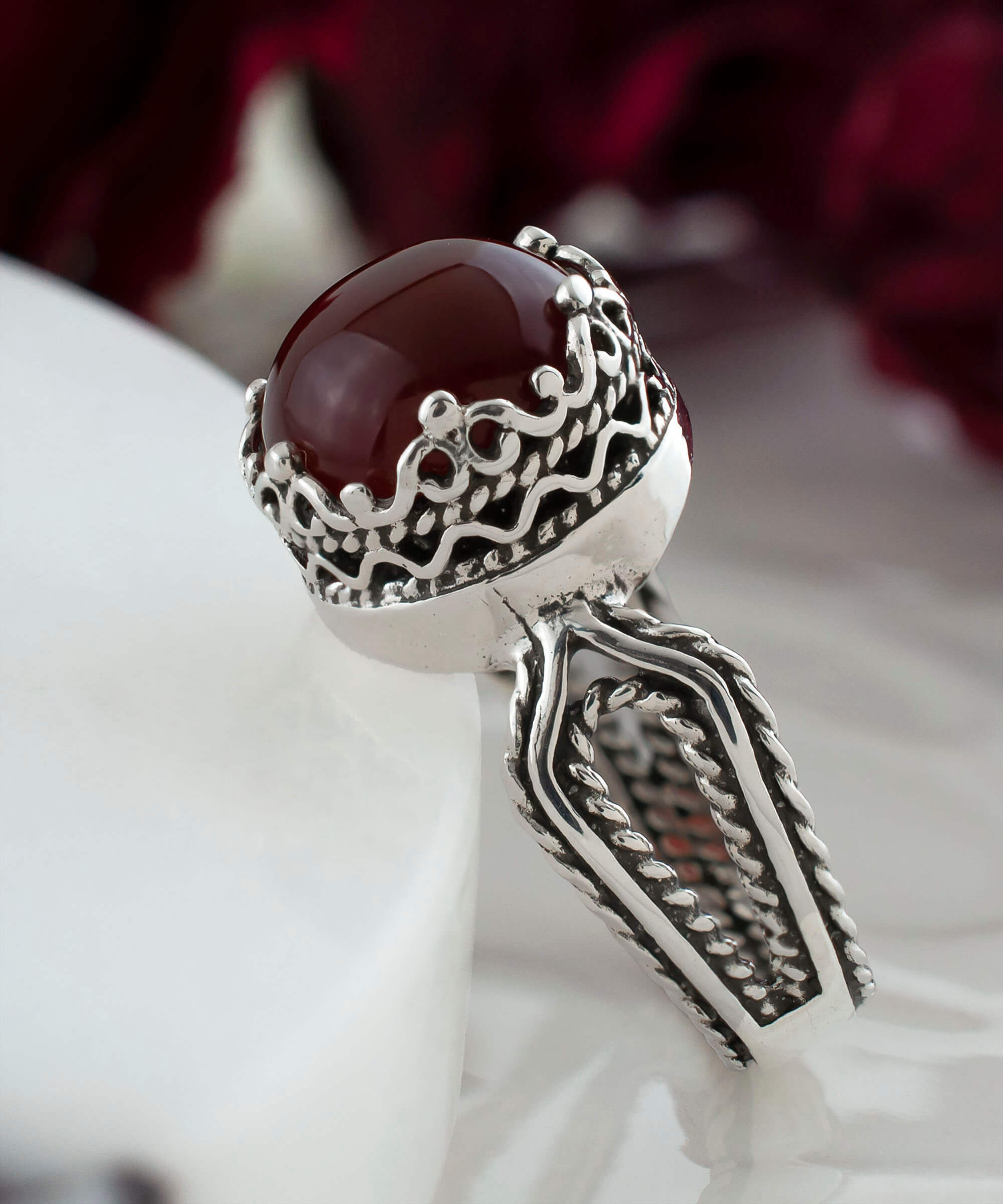 Carnelian Gemstone Filigree Art Women Sterling Silver Cocktail Ring