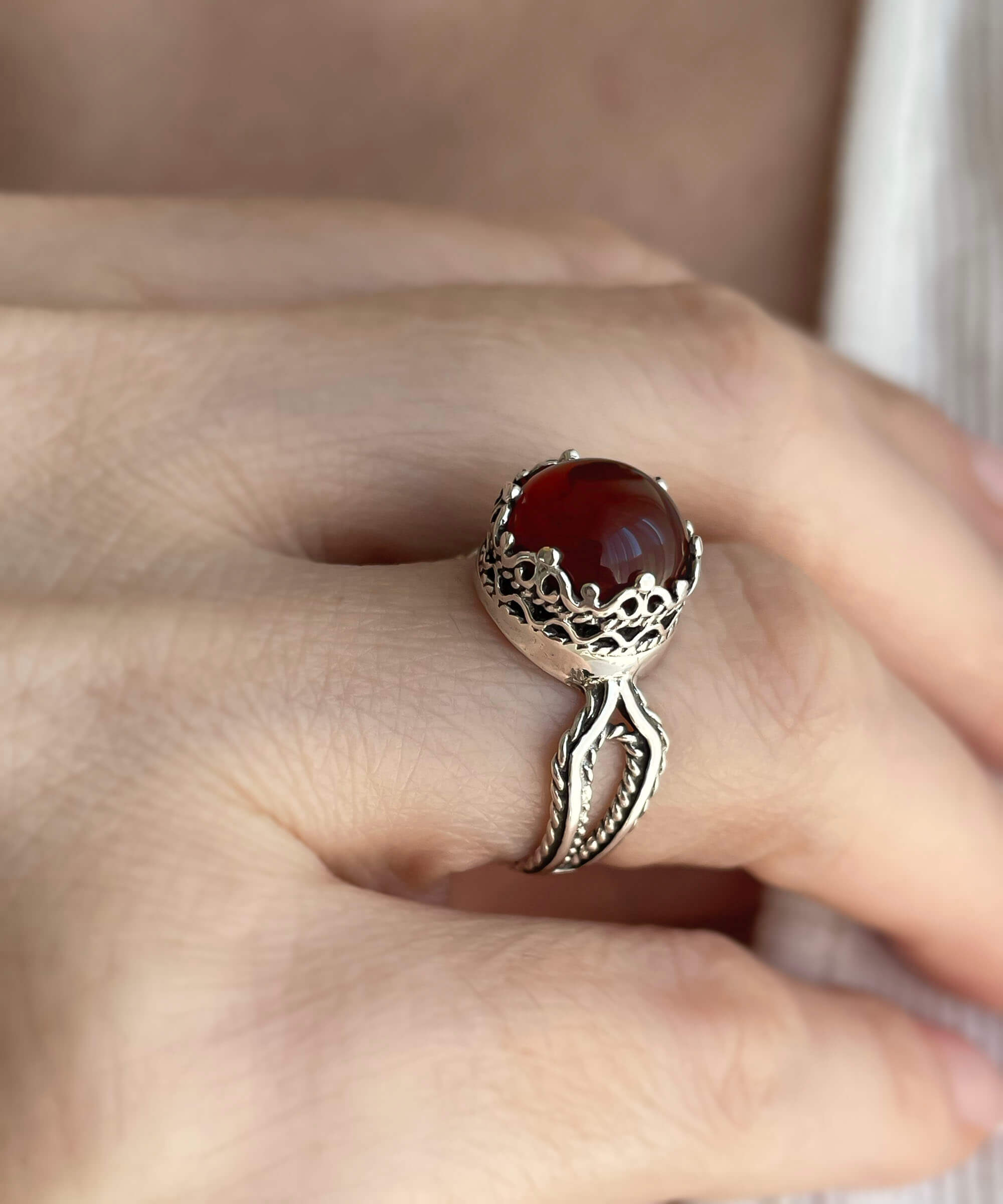 Carnelian Gemstone Filigree Art Women Sterling Silver Cocktail Ring