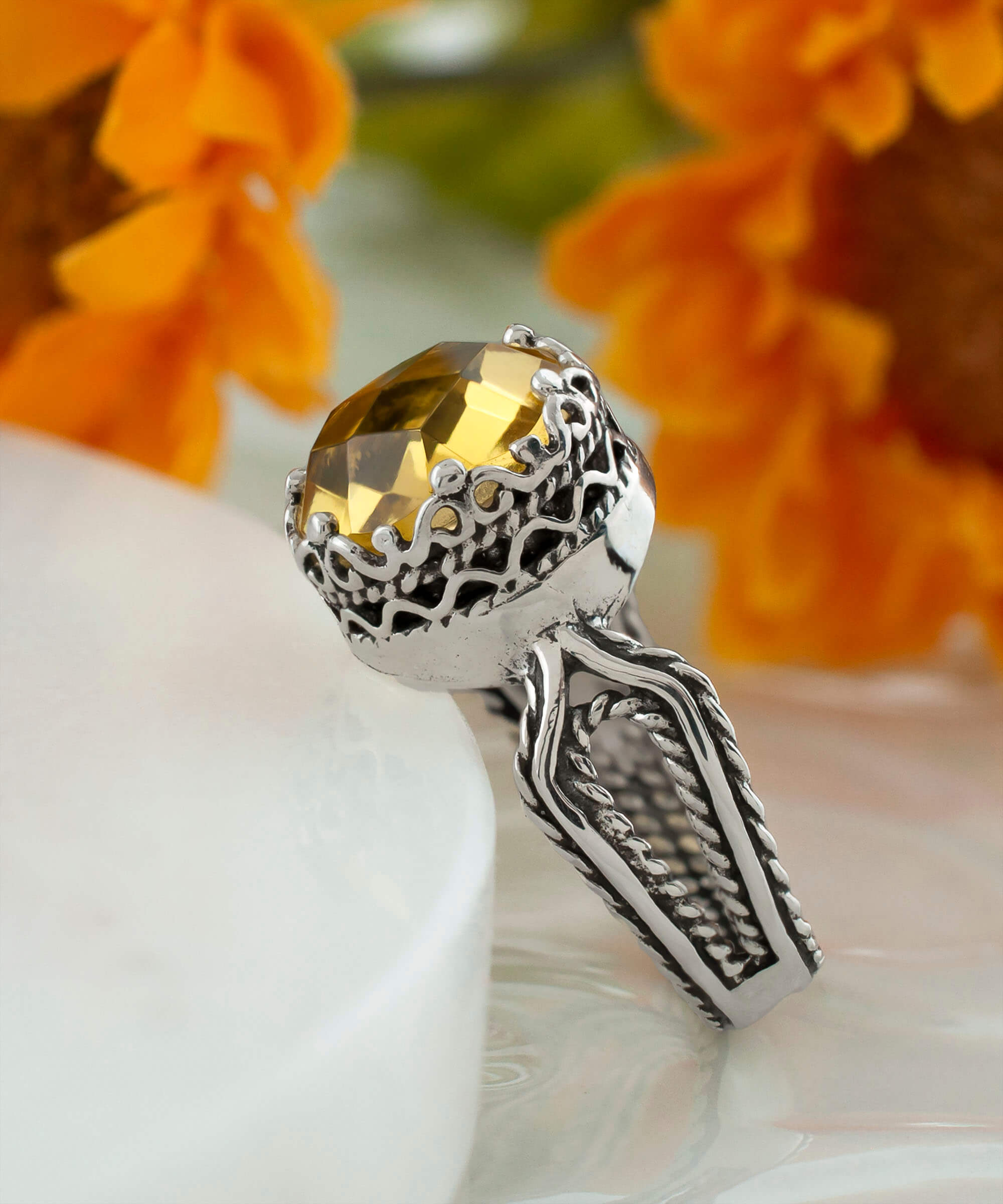 Citrine Gemstone Filigree Art Women Sterling Silver Cocktail Ring