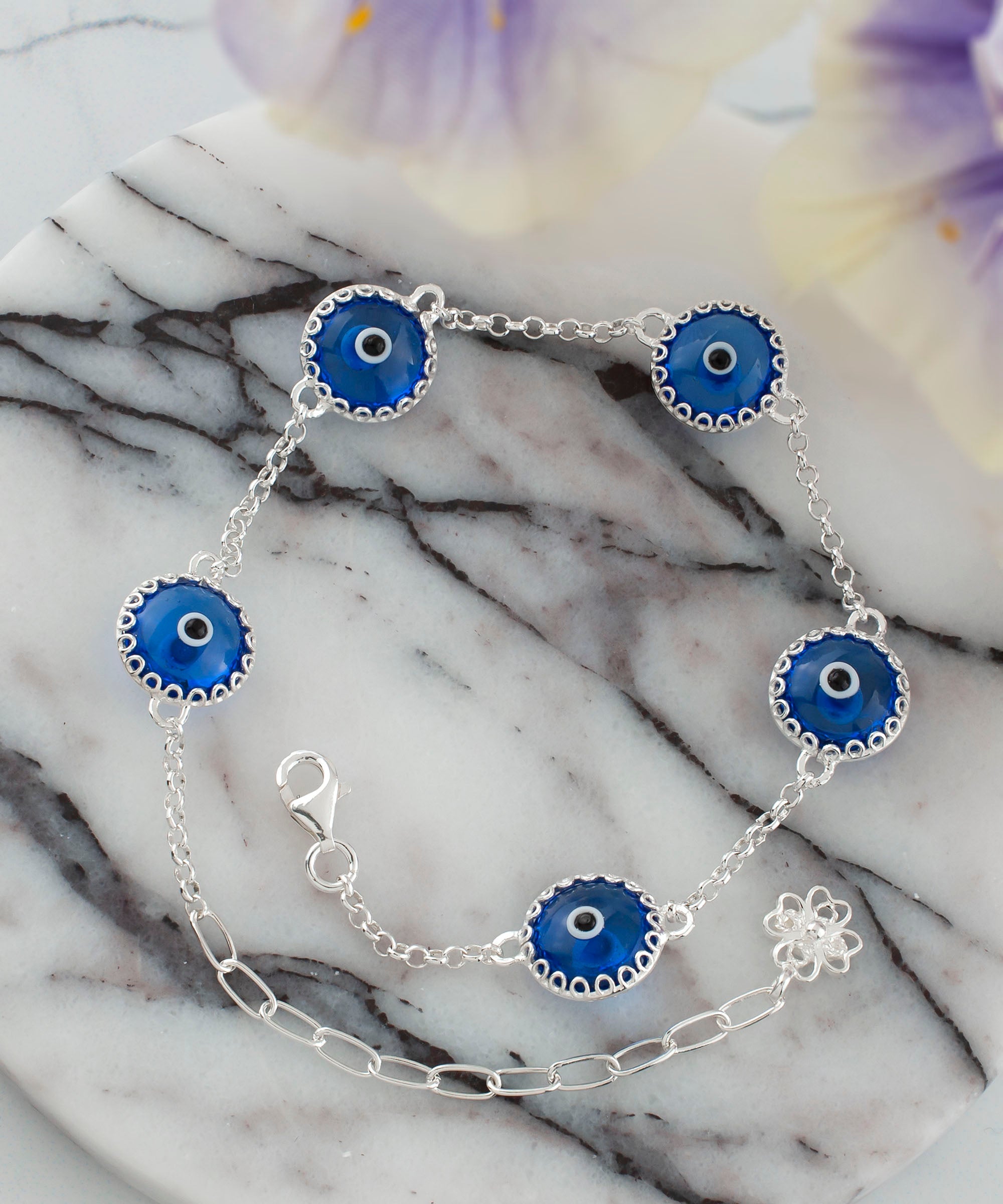 5 Beads Blue Evil Eye Women Silver Link Bracelet