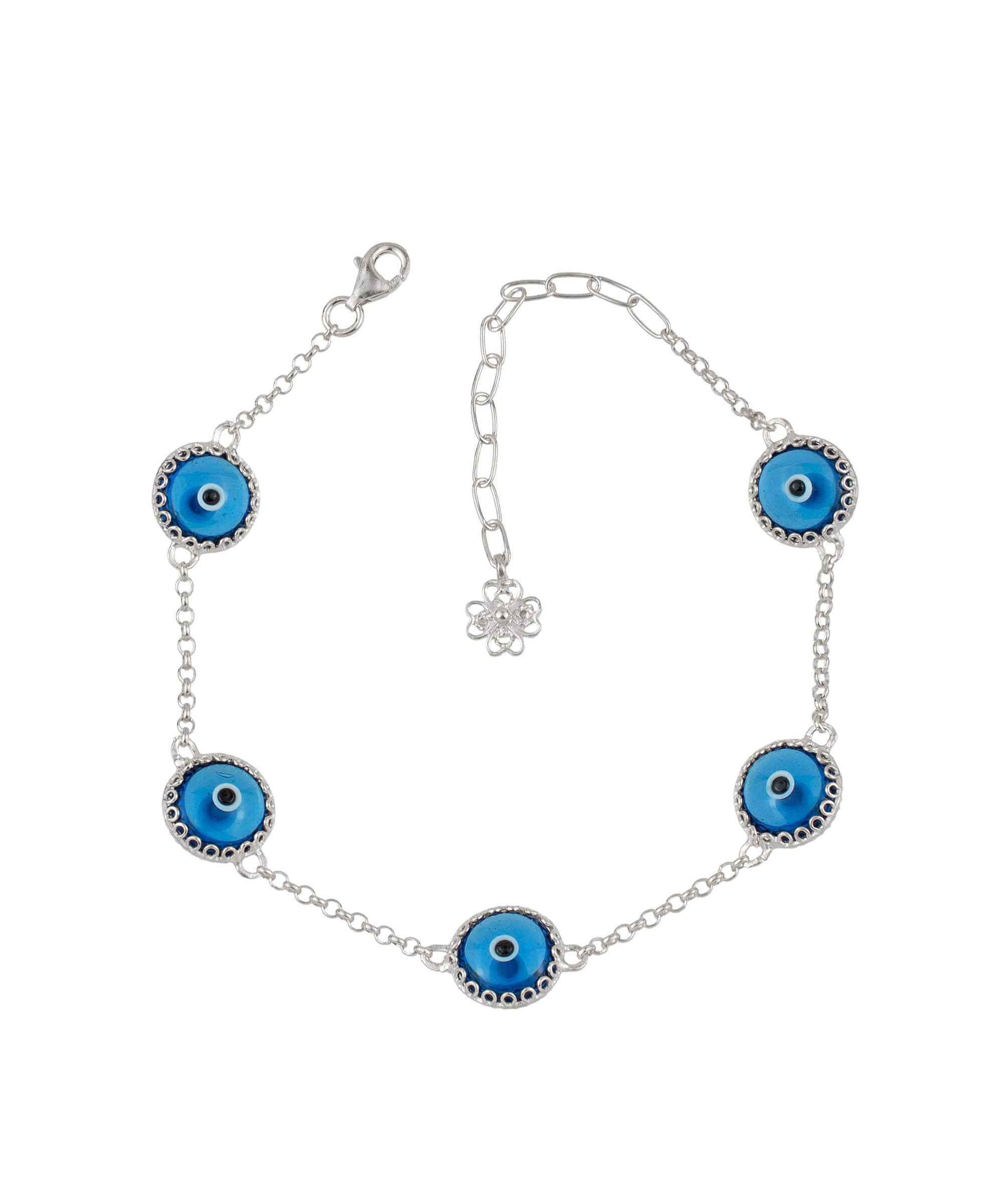 5 Beads Blue Evil Eye Women Silver Link Bracelet