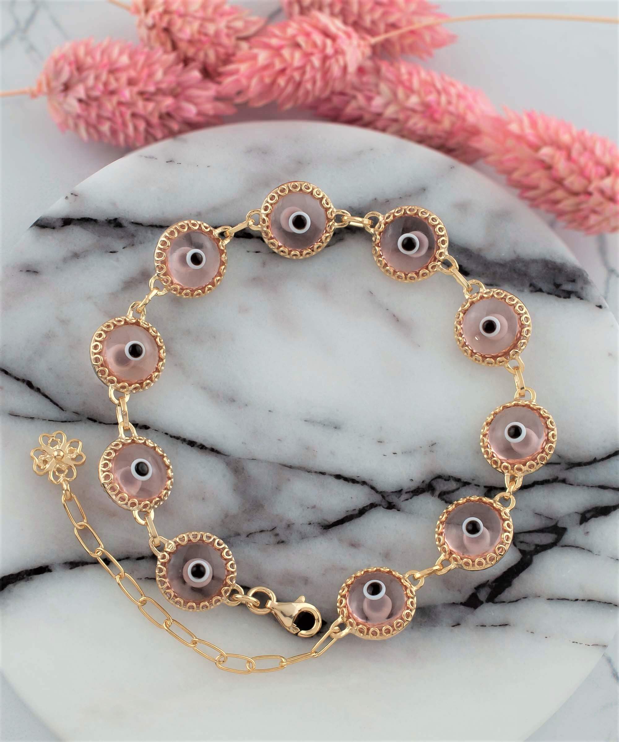 10 Beads Pink Evil Eye Women Gold Plated Silver Link Bracelet