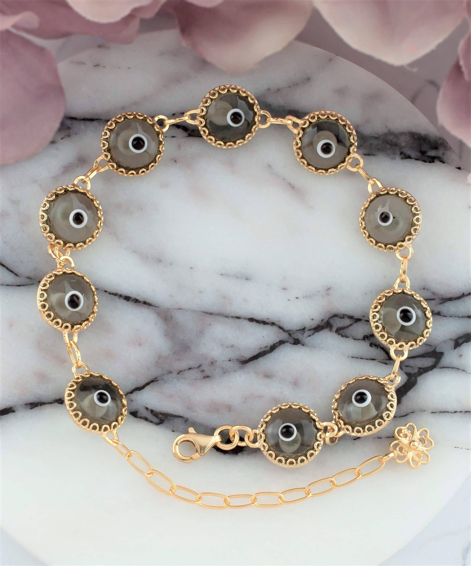 10 Beads Smokey Evil Eye Women Gold Plated Silver Link Bracelet