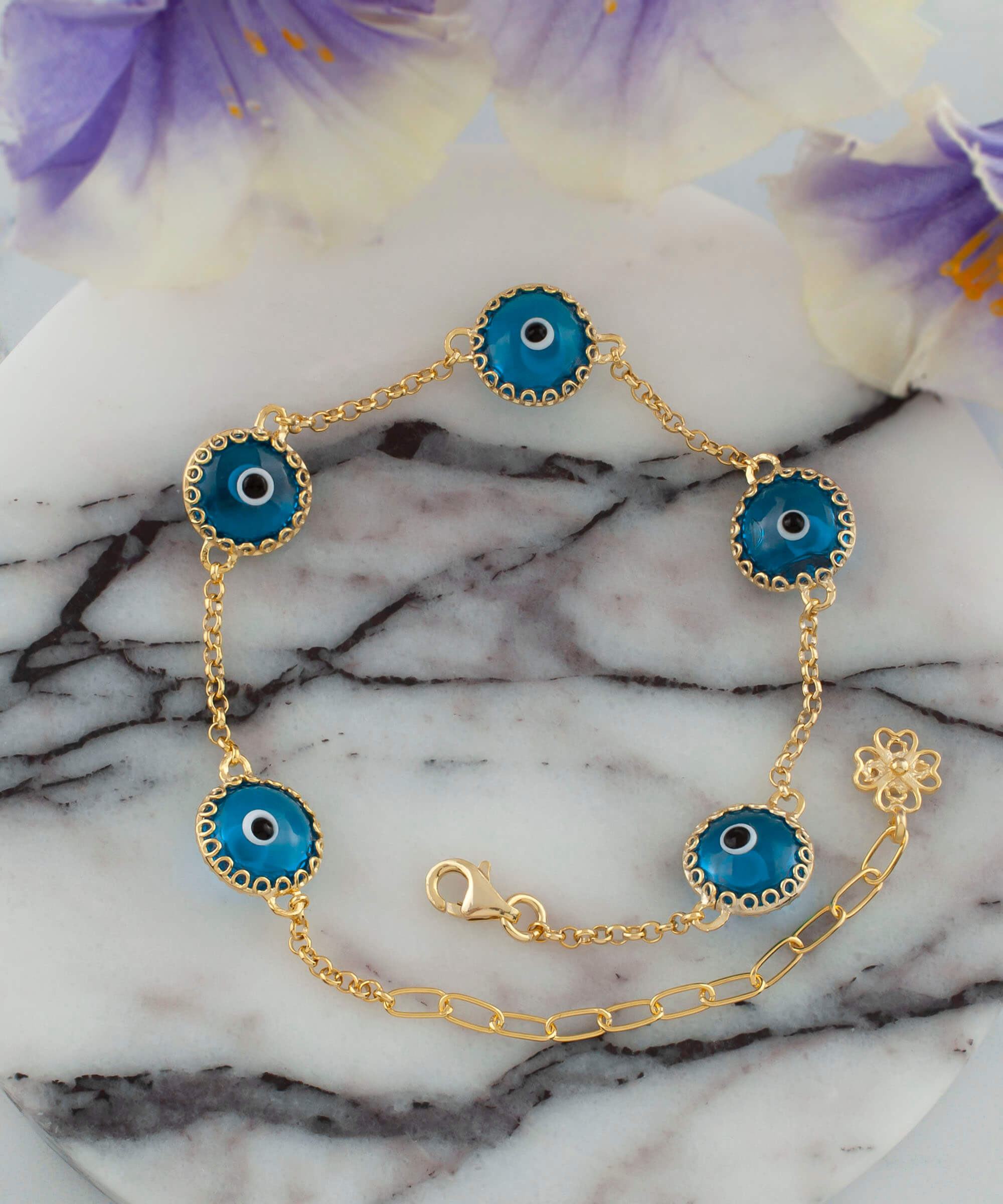 5 Beads Lapis Blue Evil Eye Women Gold Plated Silver Link Bracelet