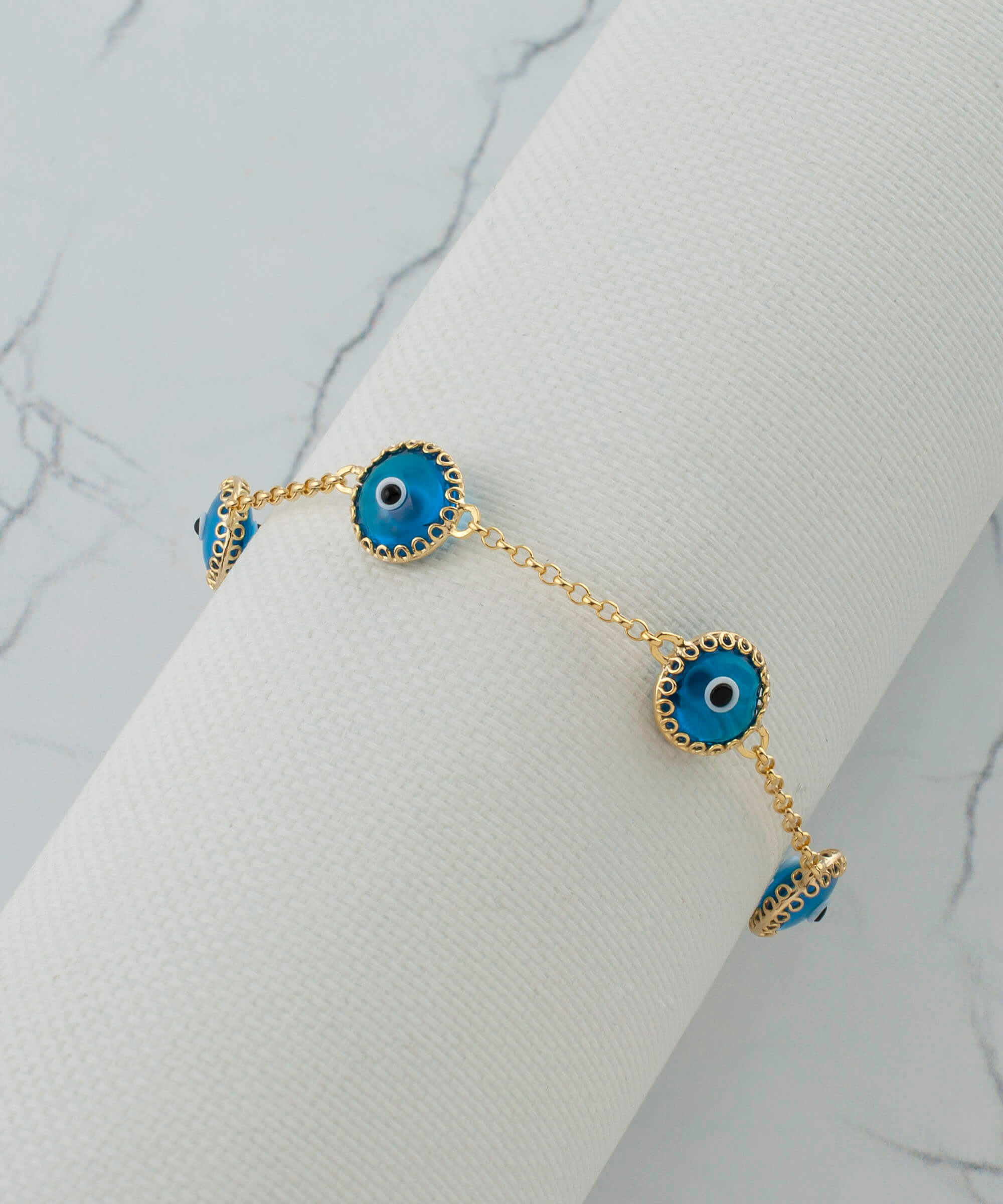 5 Beads Lapis Blue Evil Eye Women Gold Plated Silver Link Bracelet