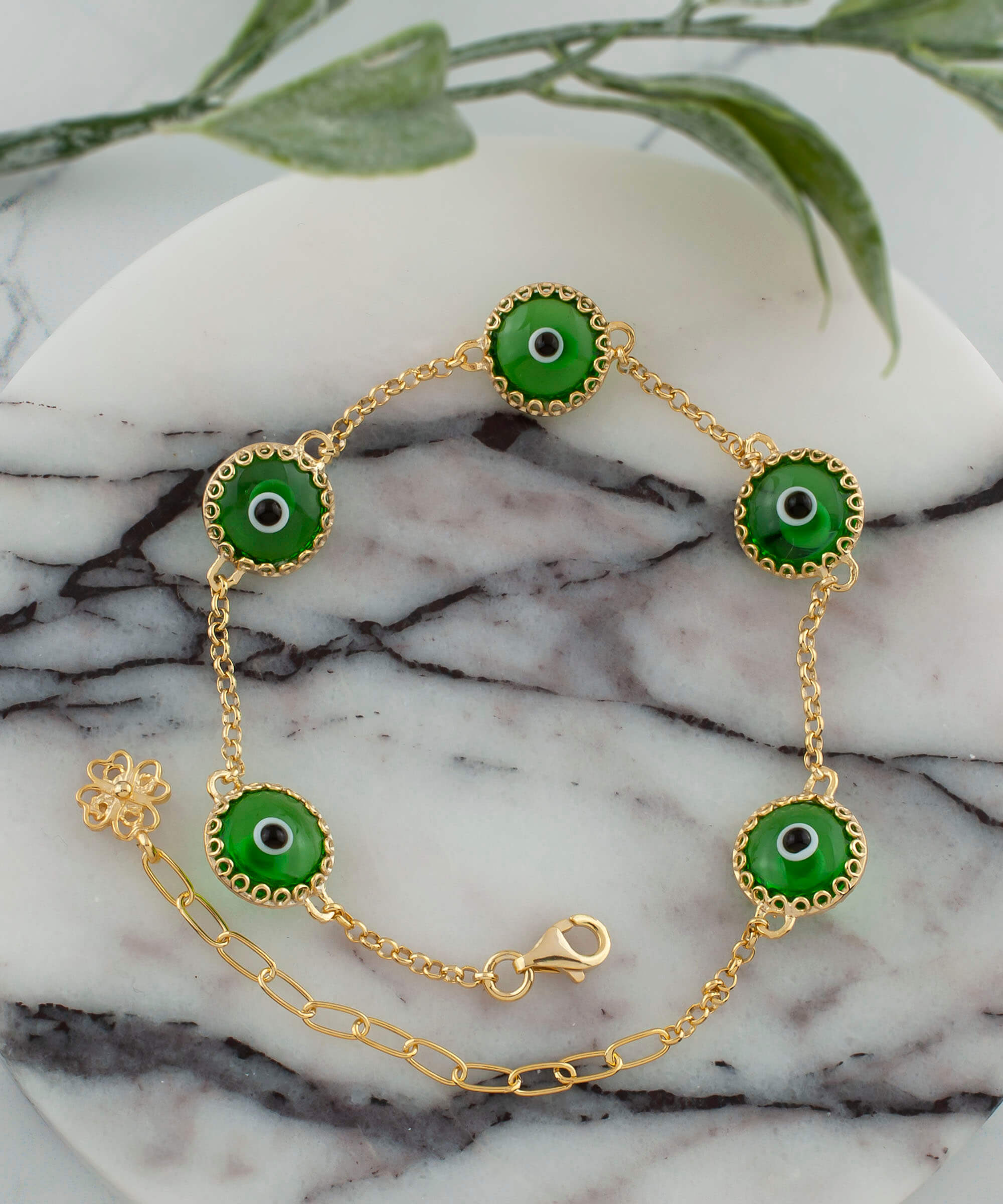 5 Beads Mint Green Evil Eye Women Gold Plated Silver Link Bracelet