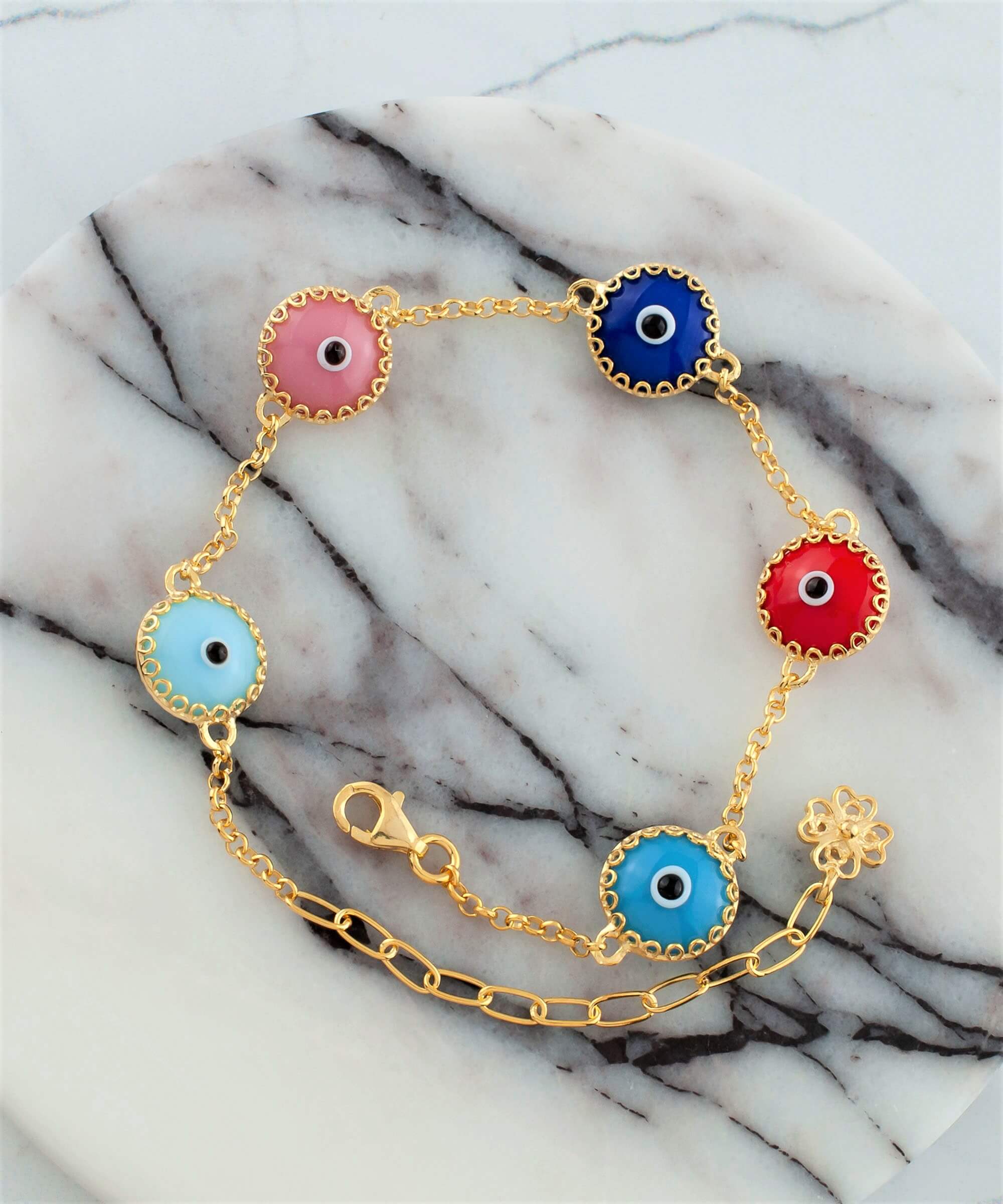 5 Beads Multi Color Evil Eye Women Gold Plated Silver Link Bracelet