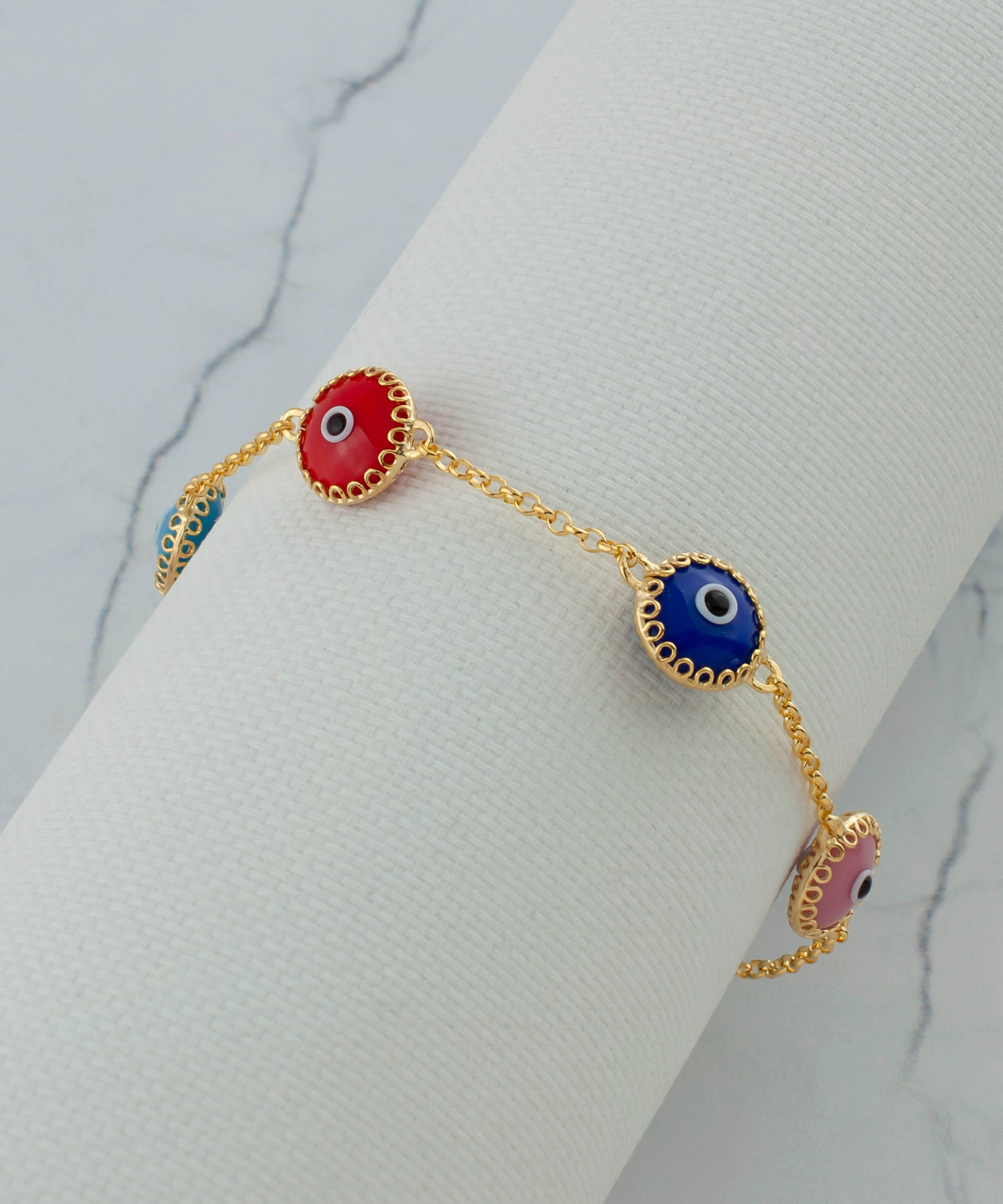 5 Beads Multi Color Evil Eye Women Gold Plated Silver Link Bracelet