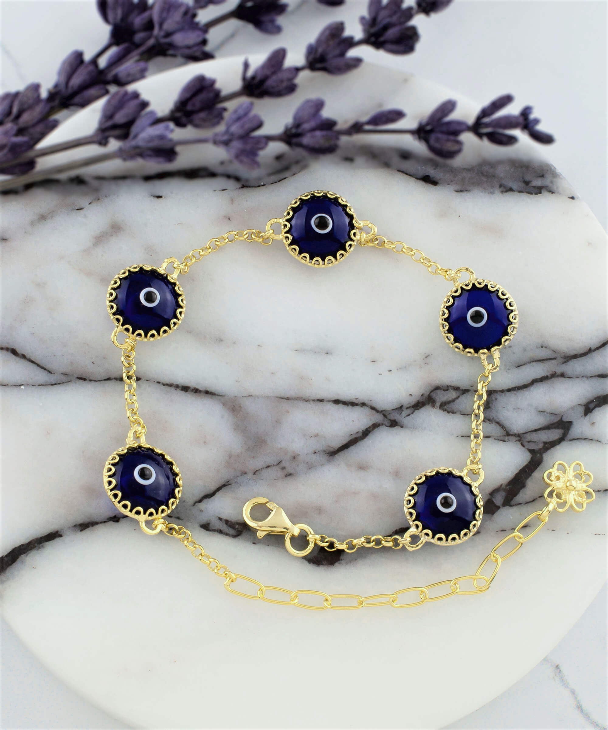 5 Beads Dark Blue Evil Eye Women Gold Plated Silver Link Bracelet