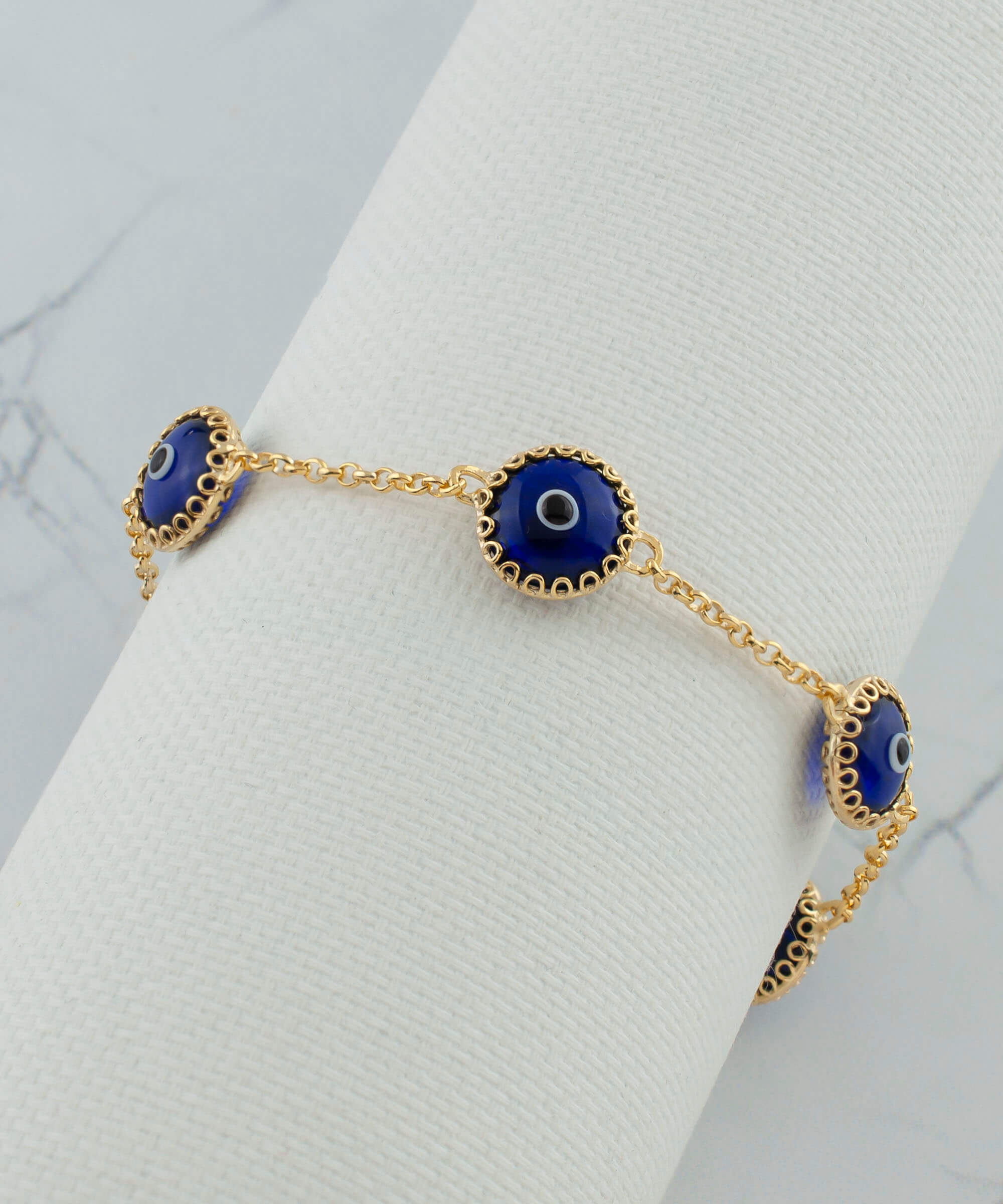 5 Beads Dark Blue Evil Eye Women Gold Plated Silver Link Bracelet