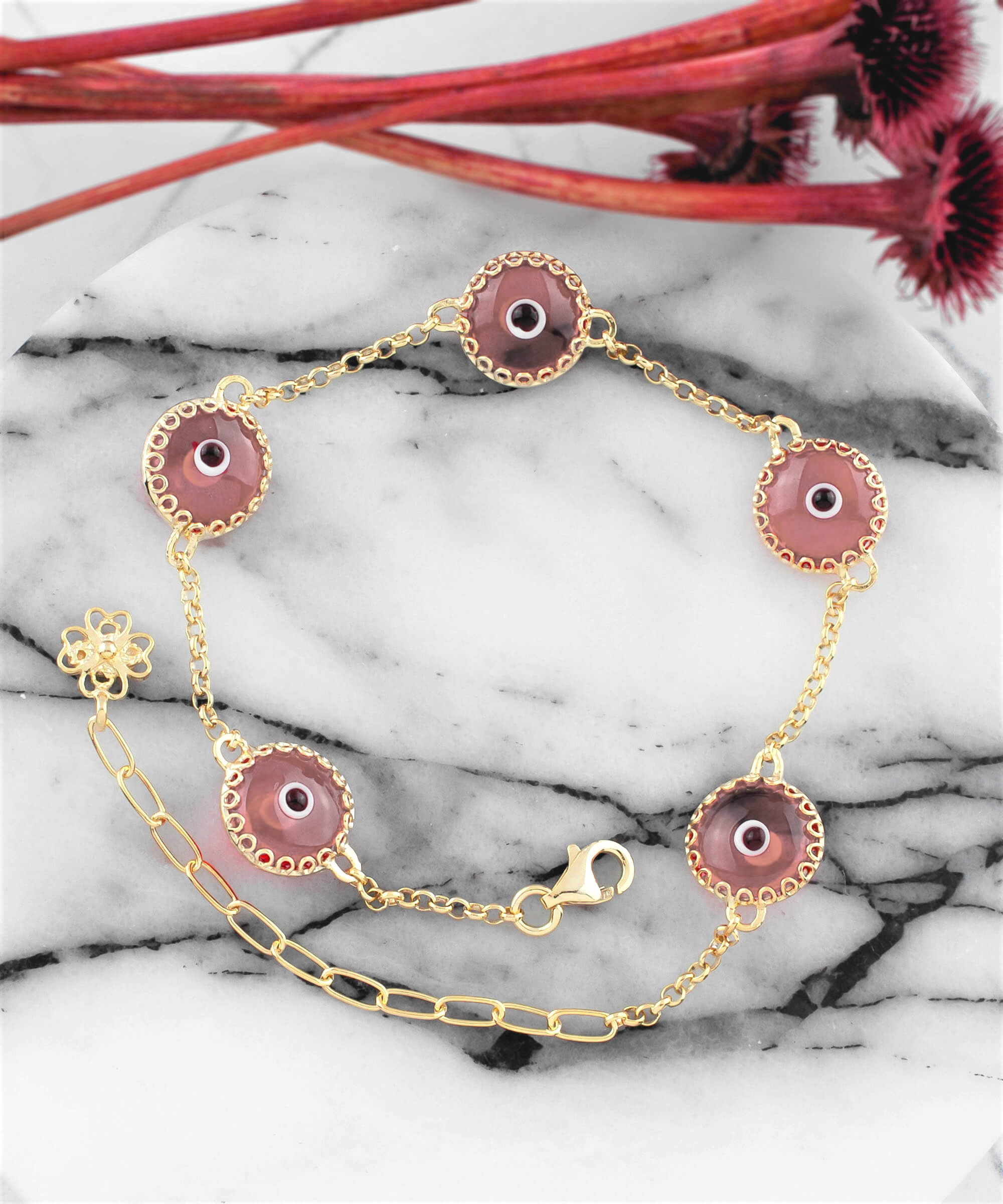 5 Beads Pink Evil Eye Women Gold Plated Silver Link Bracelet