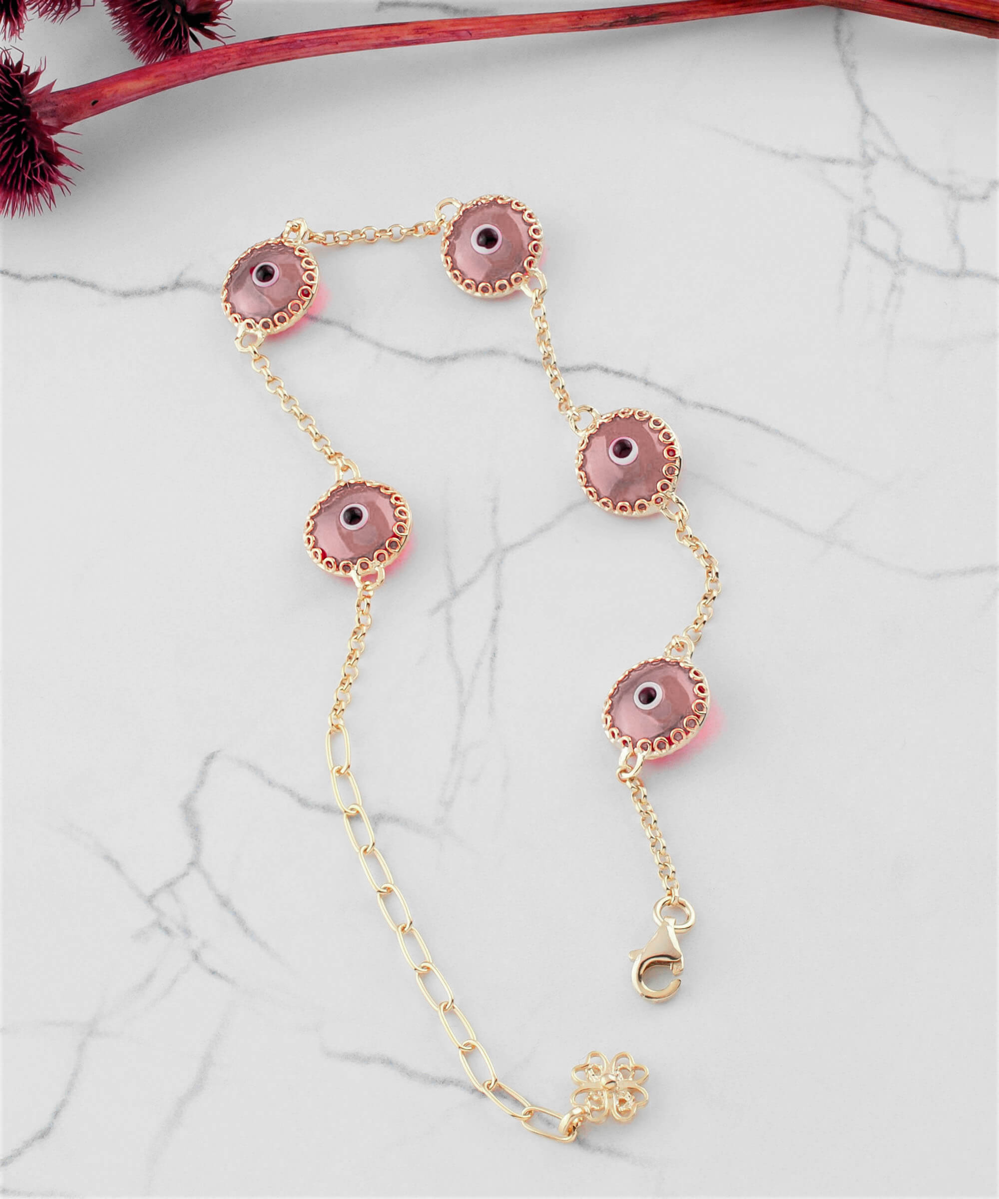 5 Beads Pink Evil Eye Women Gold Plated Silver Link Bracelet