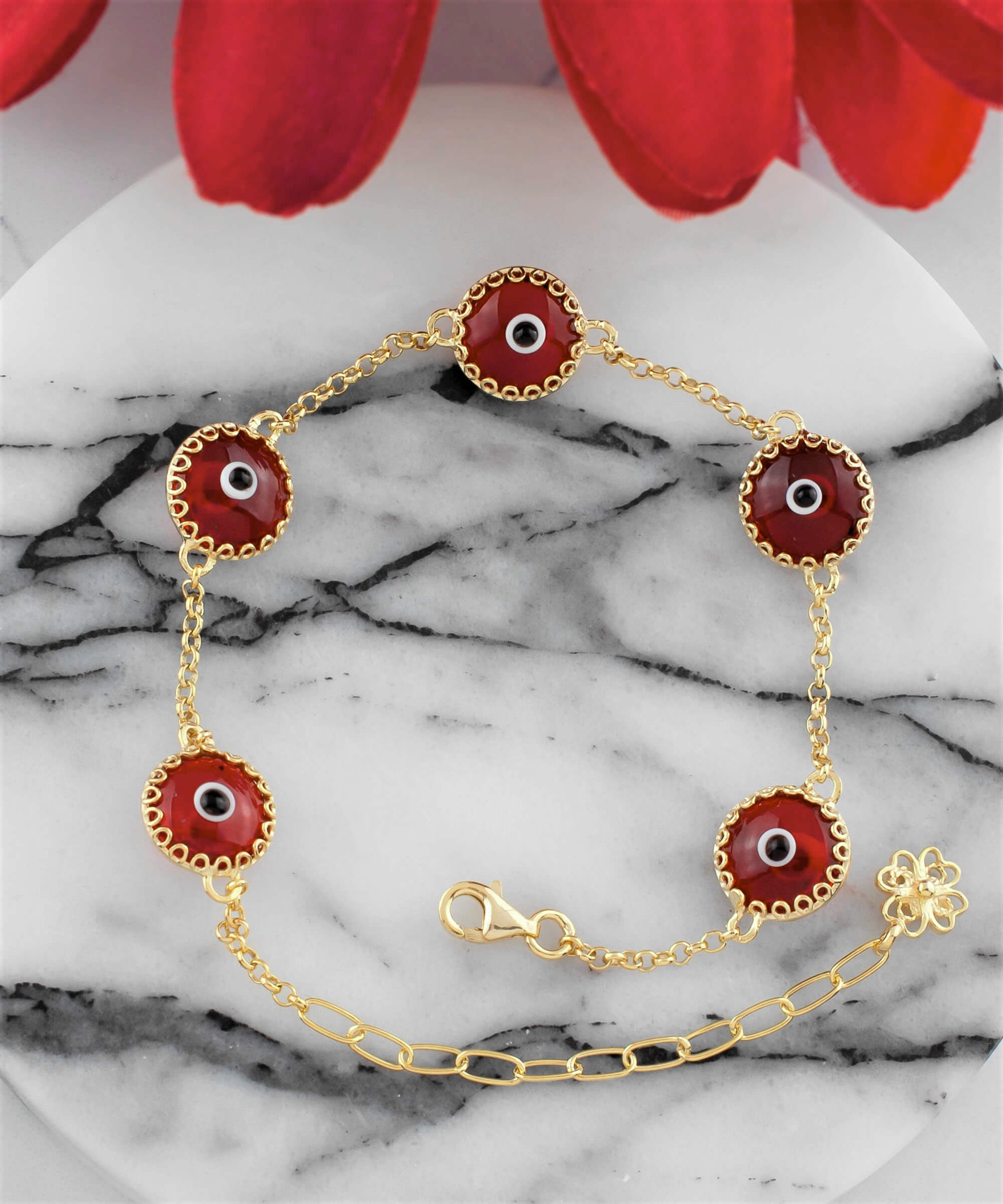 5 Beads Red Evil Eye Women Gold Plated Silver Link Bracelet