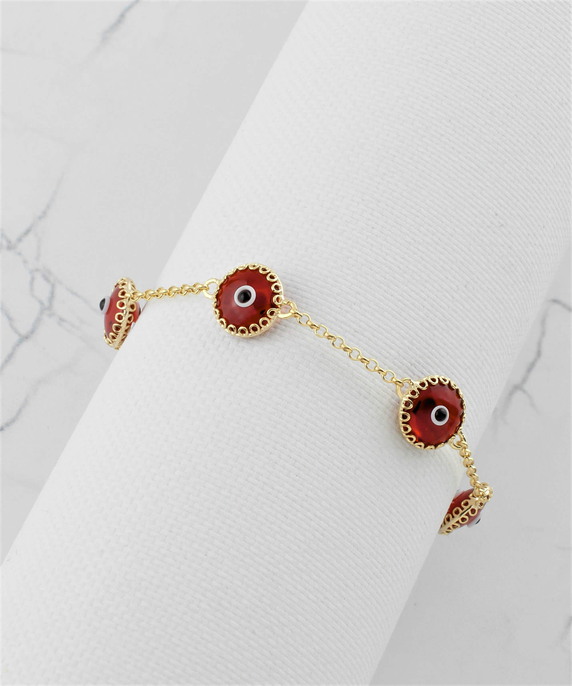 5 Beads Red Evil Eye Women Gold Plated Silver Link Bracelet