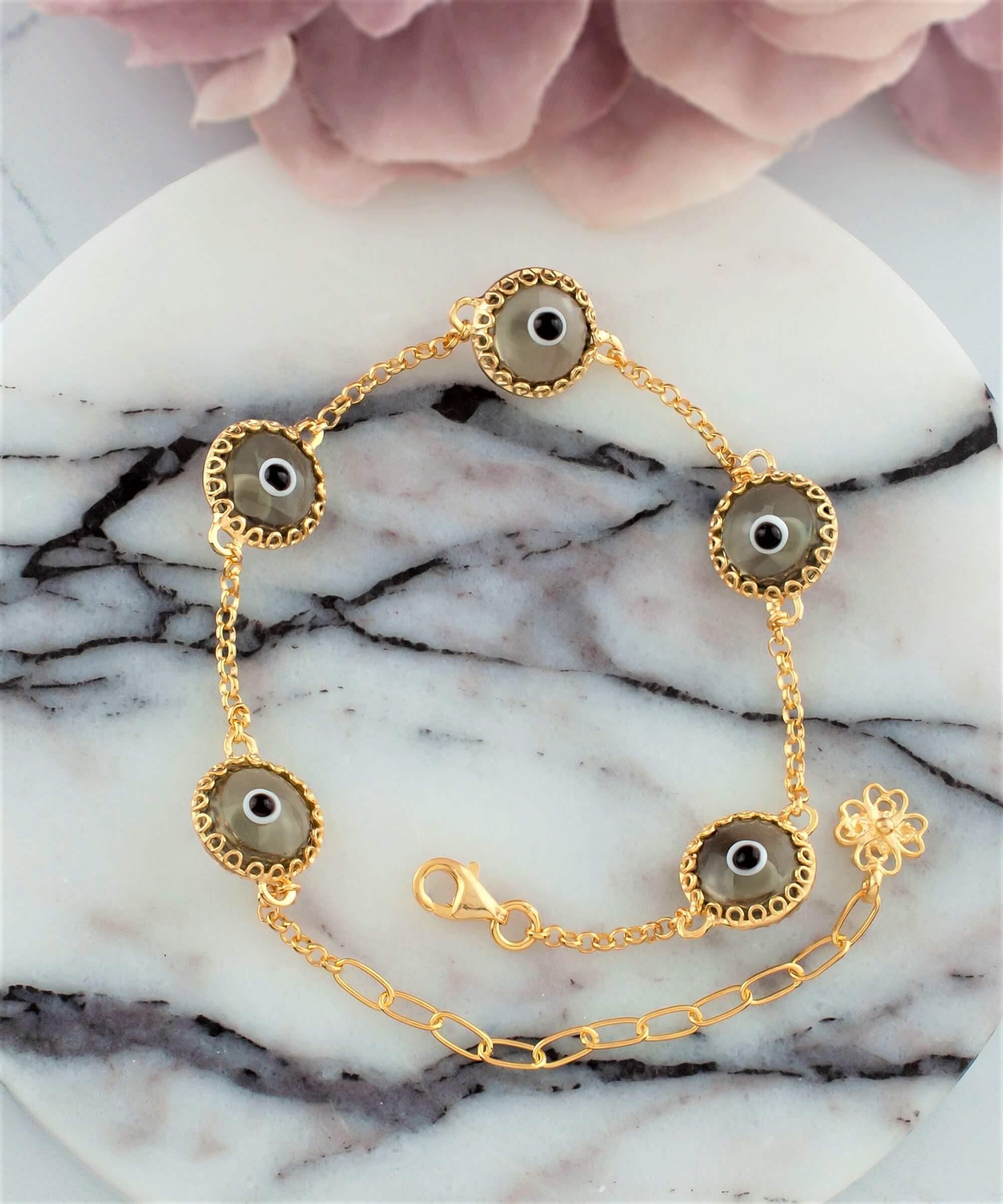 5 Beads Smokey Evil Eye Women Gold Plated Silver Link Bracelet