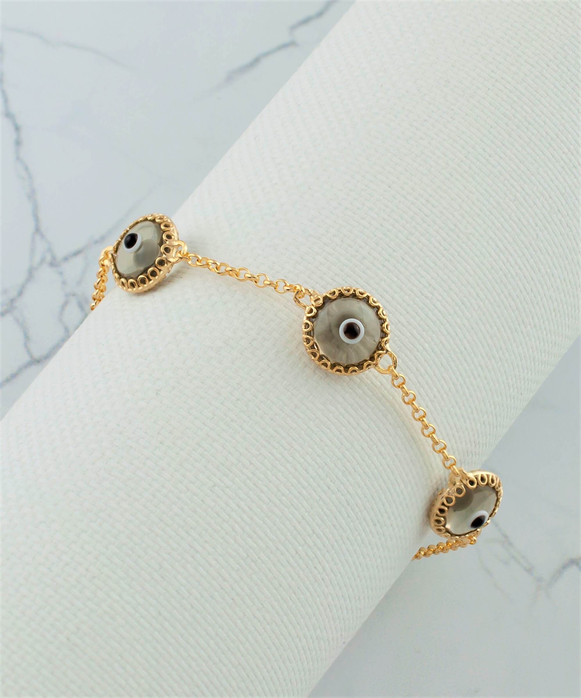 5 Beads Smokey Evil Eye Women Gold Plated Silver Link Bracelet