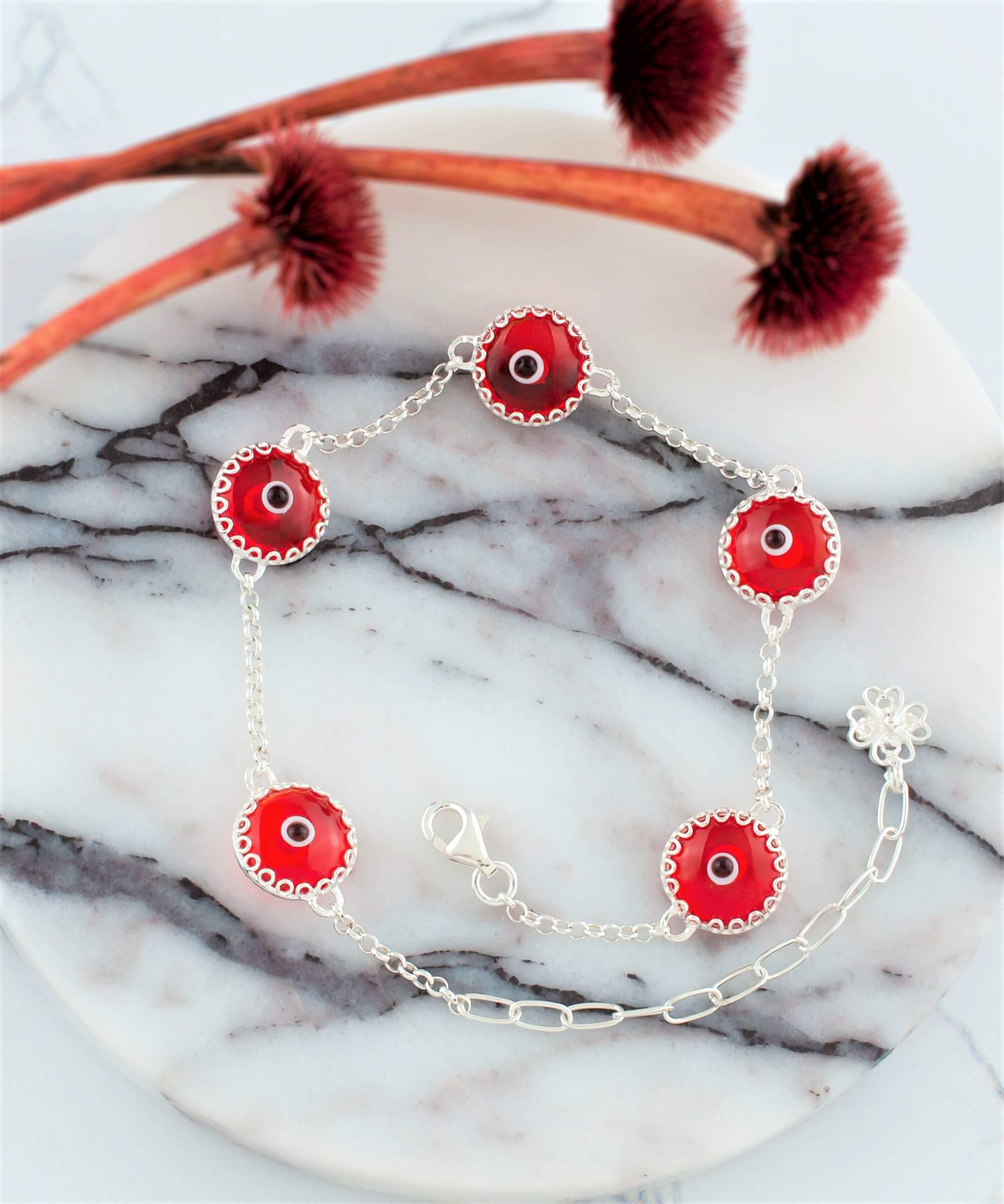 5 Beads Scarlet Evil Eye Women Silver Link Bracelet